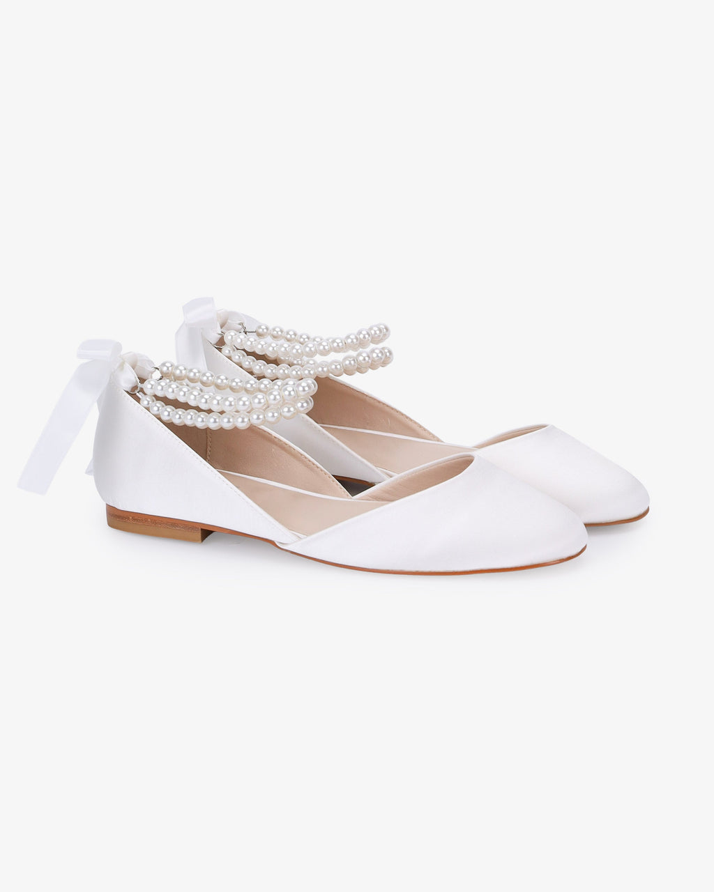 Satin Round Toe Wedding Flat with Double Pearls Ankle Strap