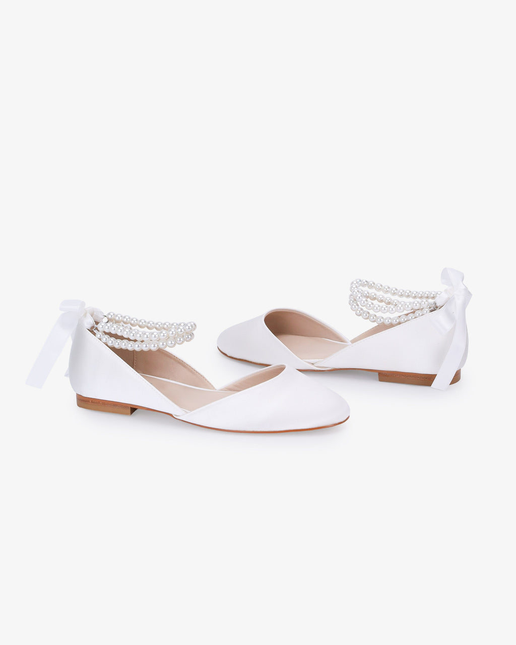 Satin Round Toe Wedding Flat with Double Pearls Ankle Strap