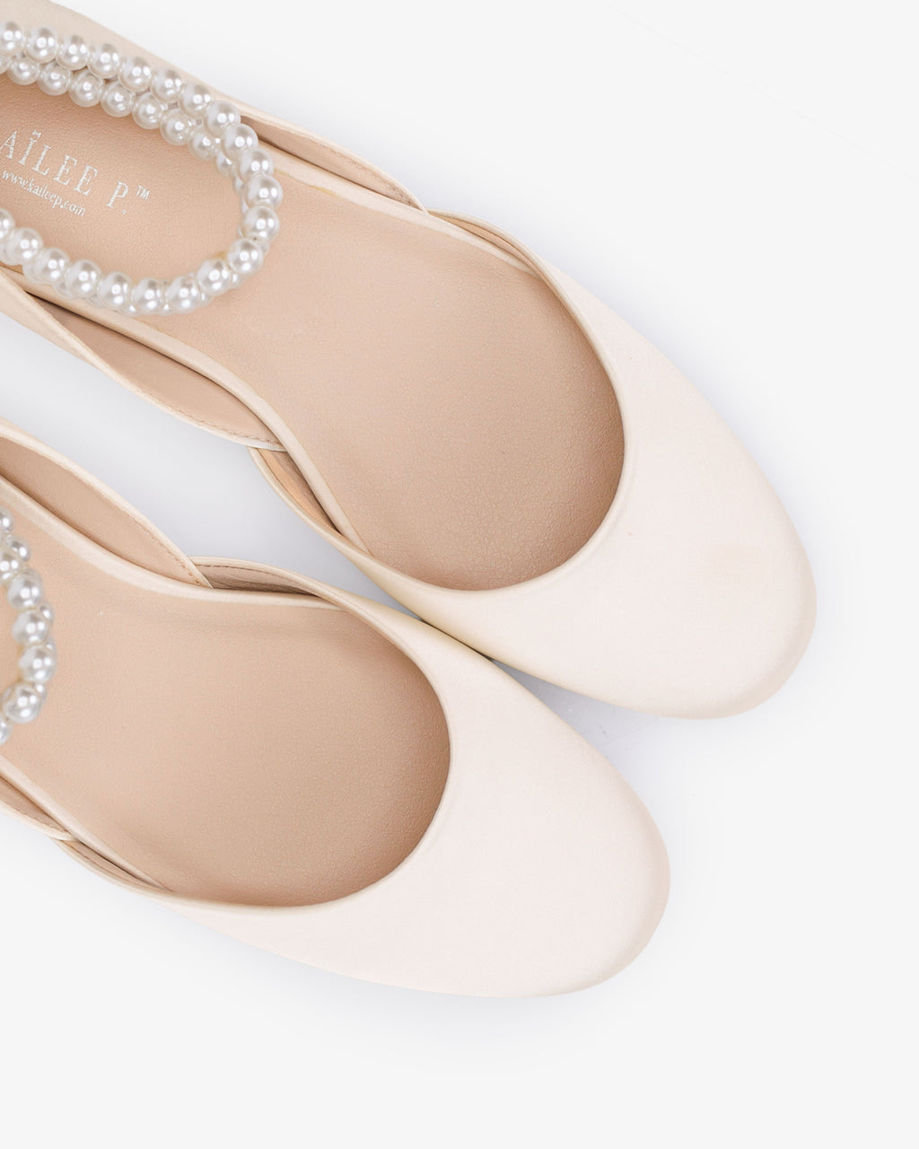 Satin Round Toe Wedding Flat with Double Pearls Ankle Strap