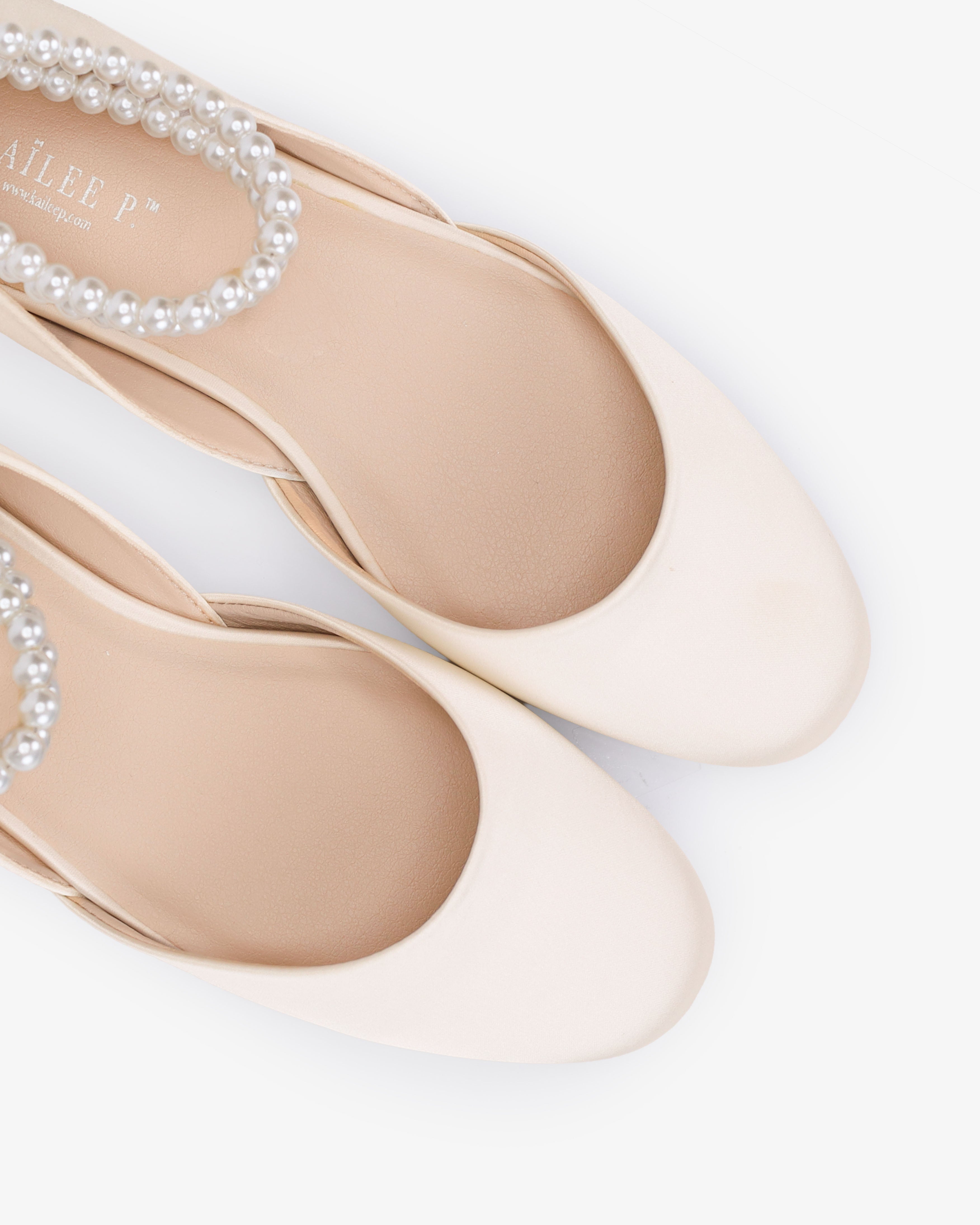 Satin Round Toe Wedding Flat with Double Pearls Ankle Strap