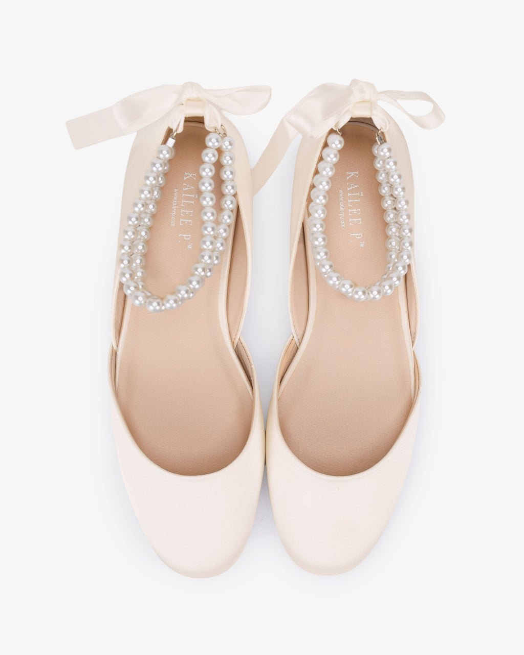 Satin Round Toe Wedding Flat with Double Pearls Ankle Strap