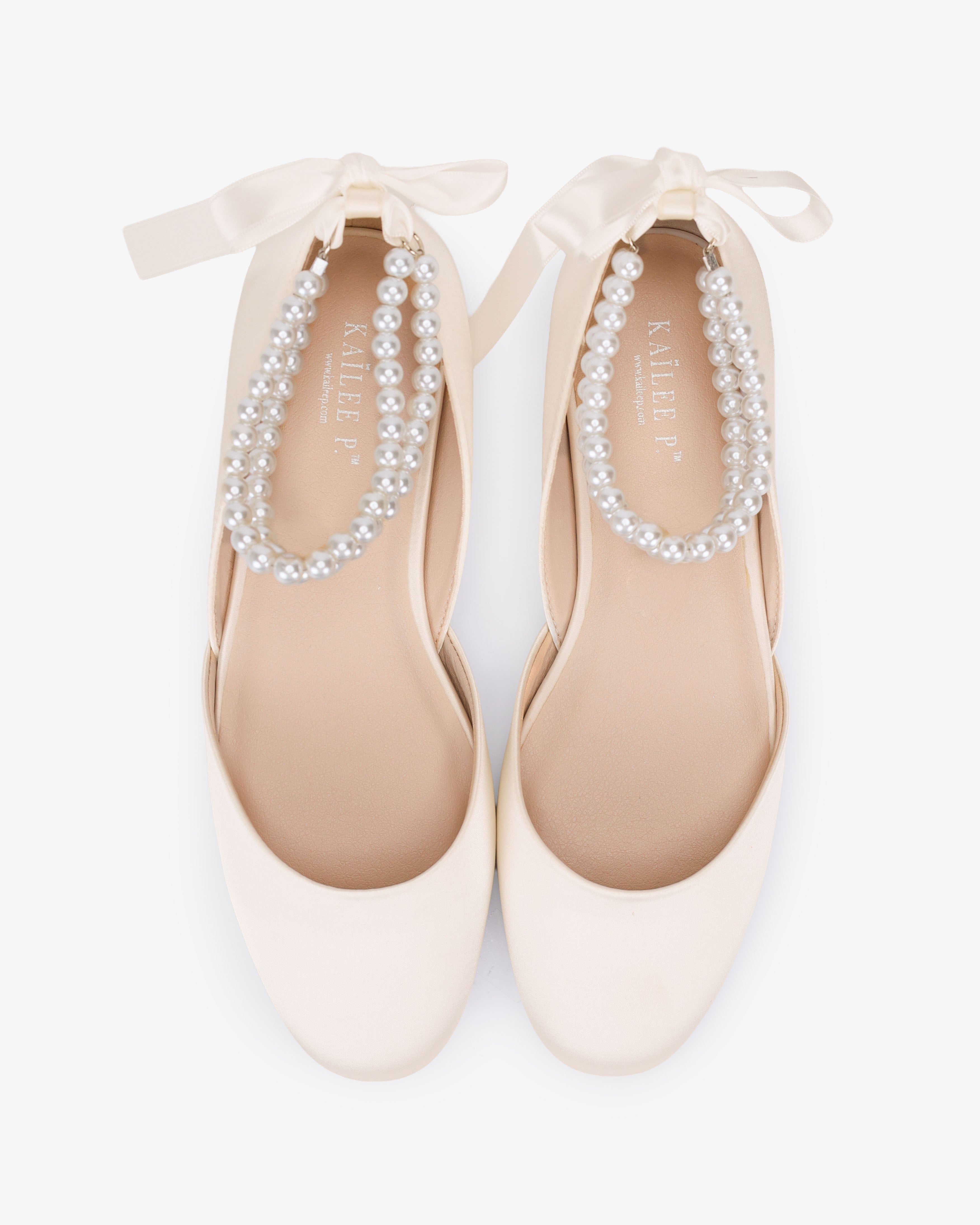 Satin Round Toe Wedding Flat with Double Pearls Ankle Strap