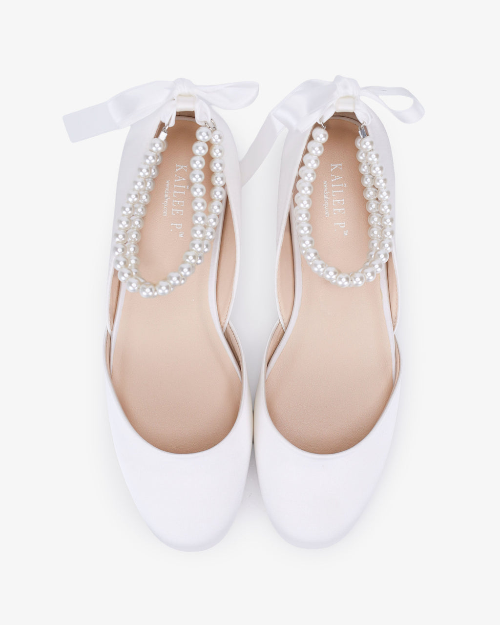 Satin Round Toe Wedding Flat with Double Pearls Ankle Strap