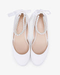 Satin Round Toe Wedding Flat with Double Pearls Ankle Strap