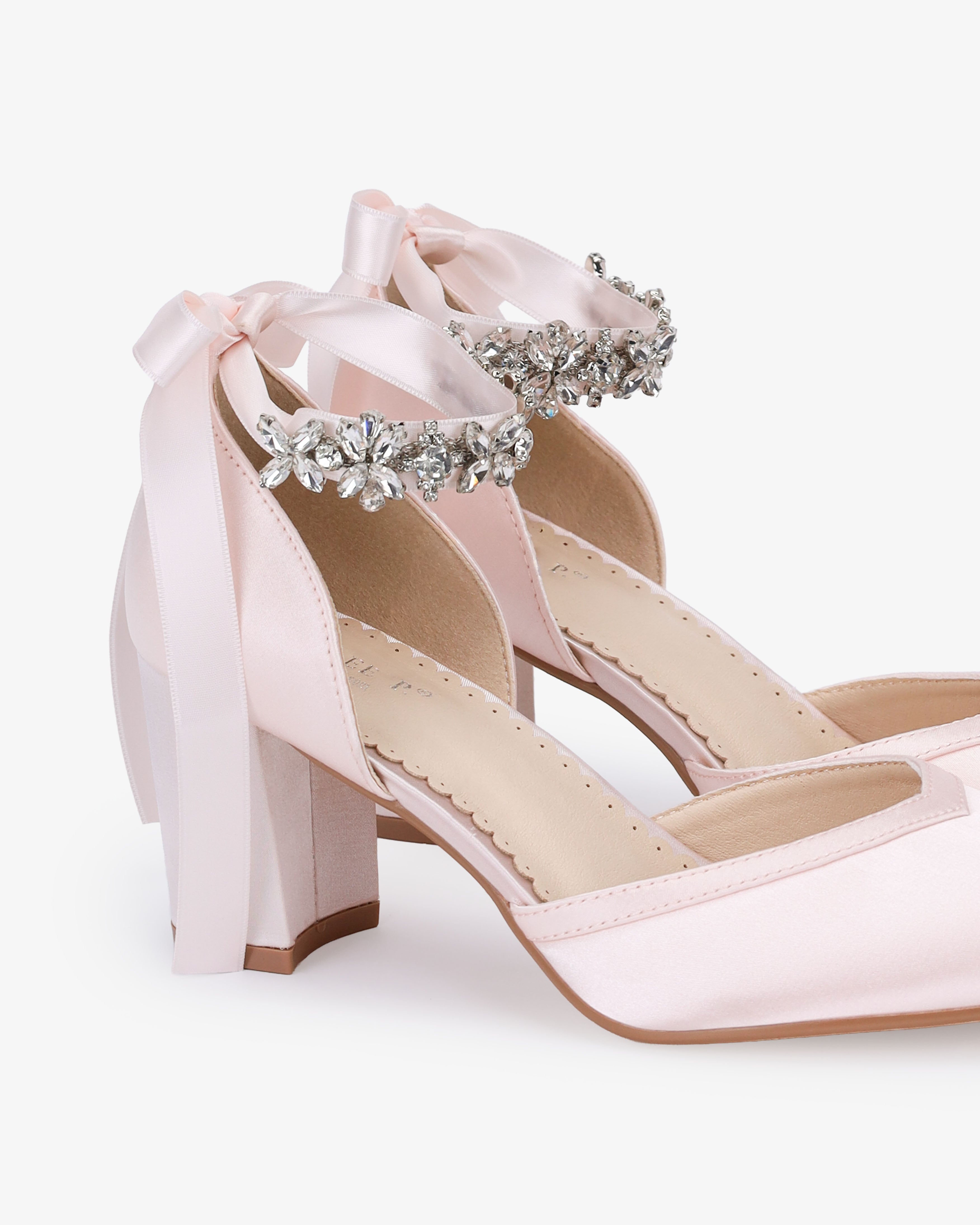 Satin Block Heels Evening Shoes with Floral Rhinestones Ankle Strap