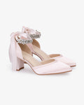 Satin Block Heels Evening Shoes with Floral Rhinestones Ankle Strap