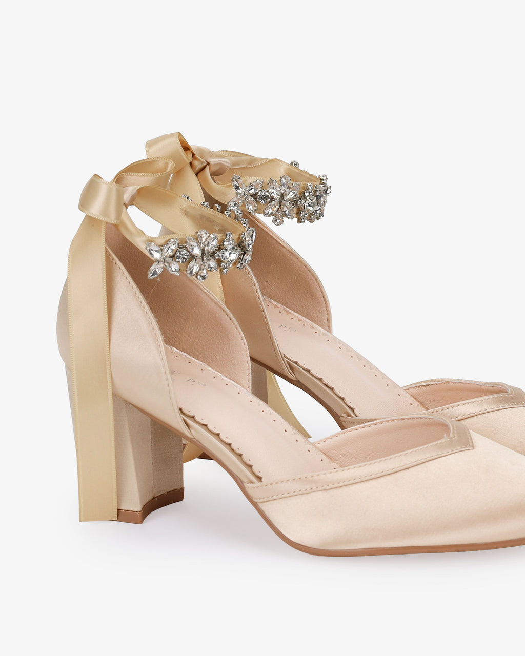 Satin Block Heels Evening Shoes with Floral Rhinestones Ankle Strap