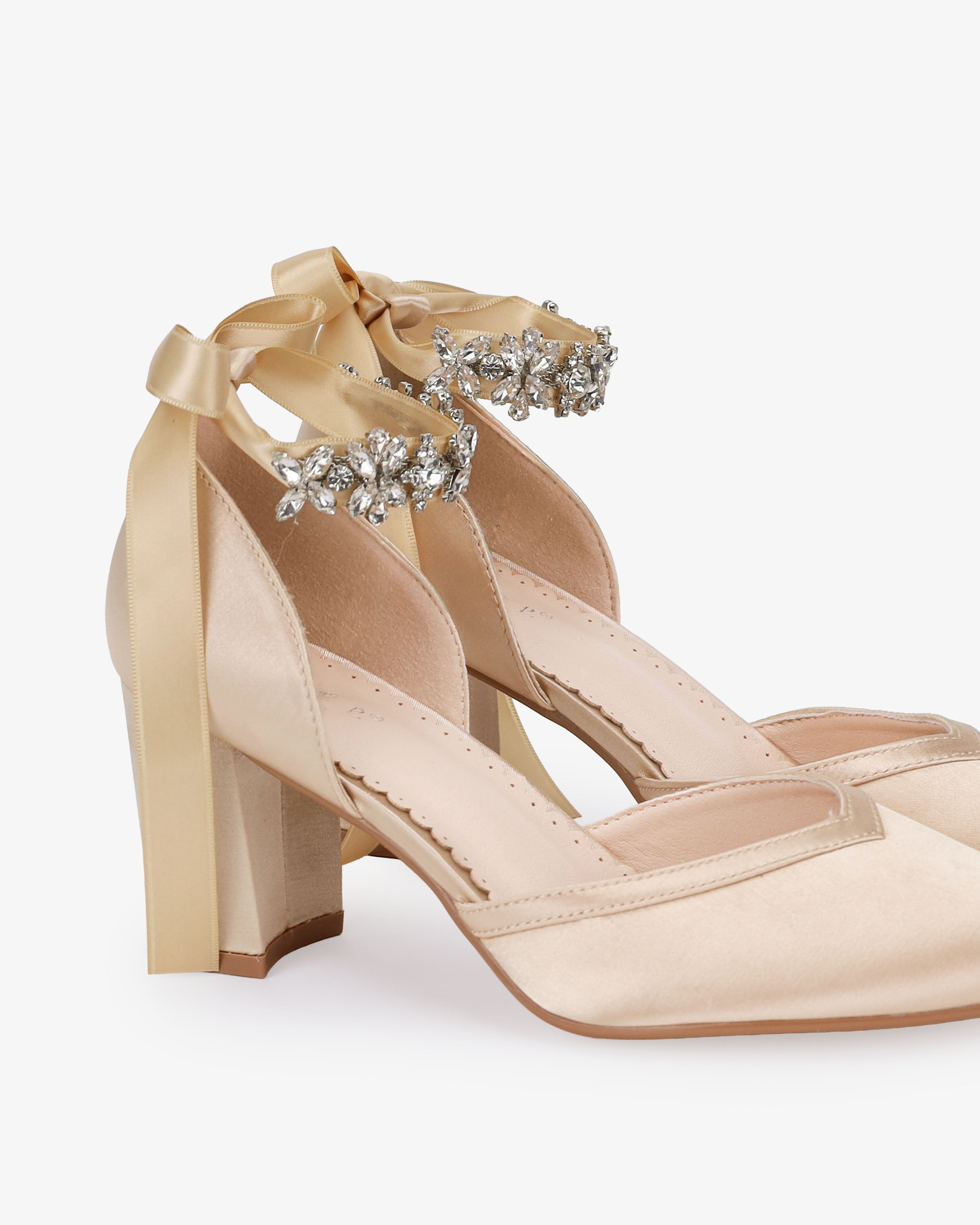 Satin Block Heels Evening Shoes with Floral Rhinestones Ankle Strap