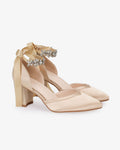 Satin Block Heels Evening Shoes with Floral Rhinestones Ankle Strap