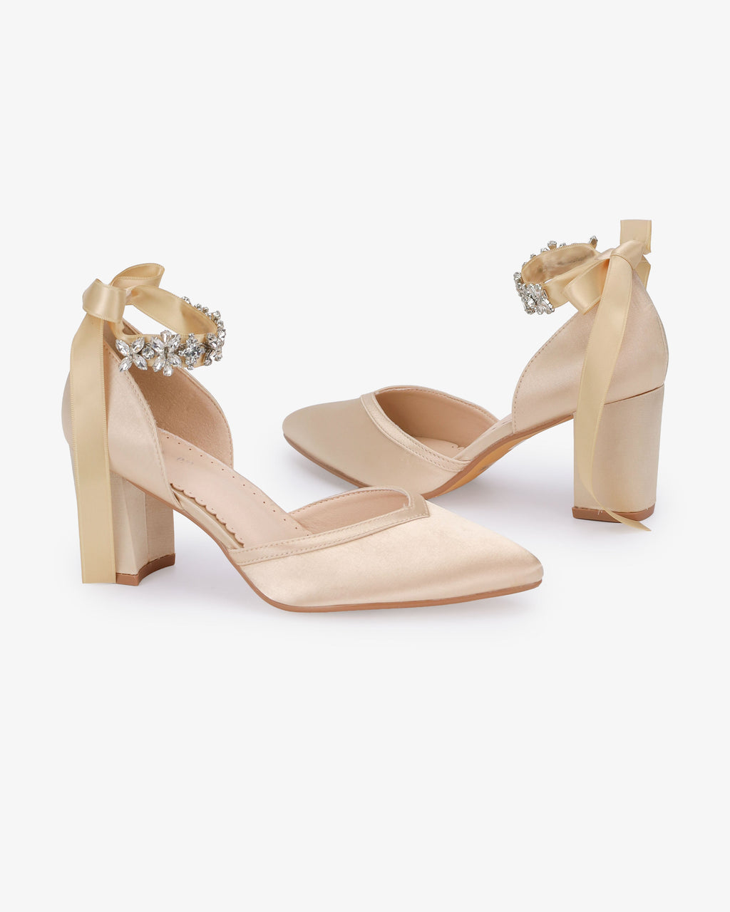 Satin Block Heels Evening Shoes with Floral Rhinestones Ankle Strap