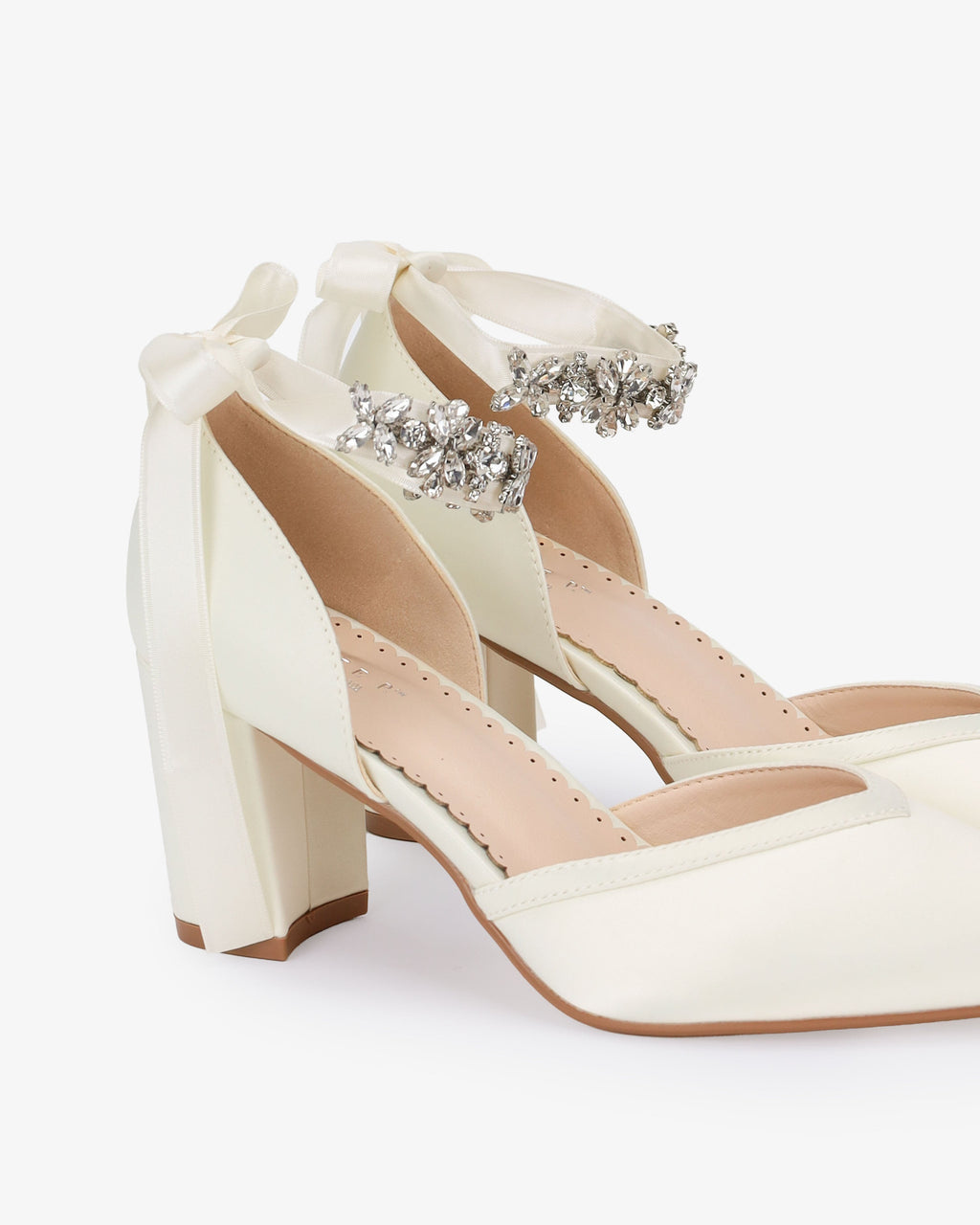 Satin Block Heels Wedding Shoes with Floral Rhinestones Ankle Strap