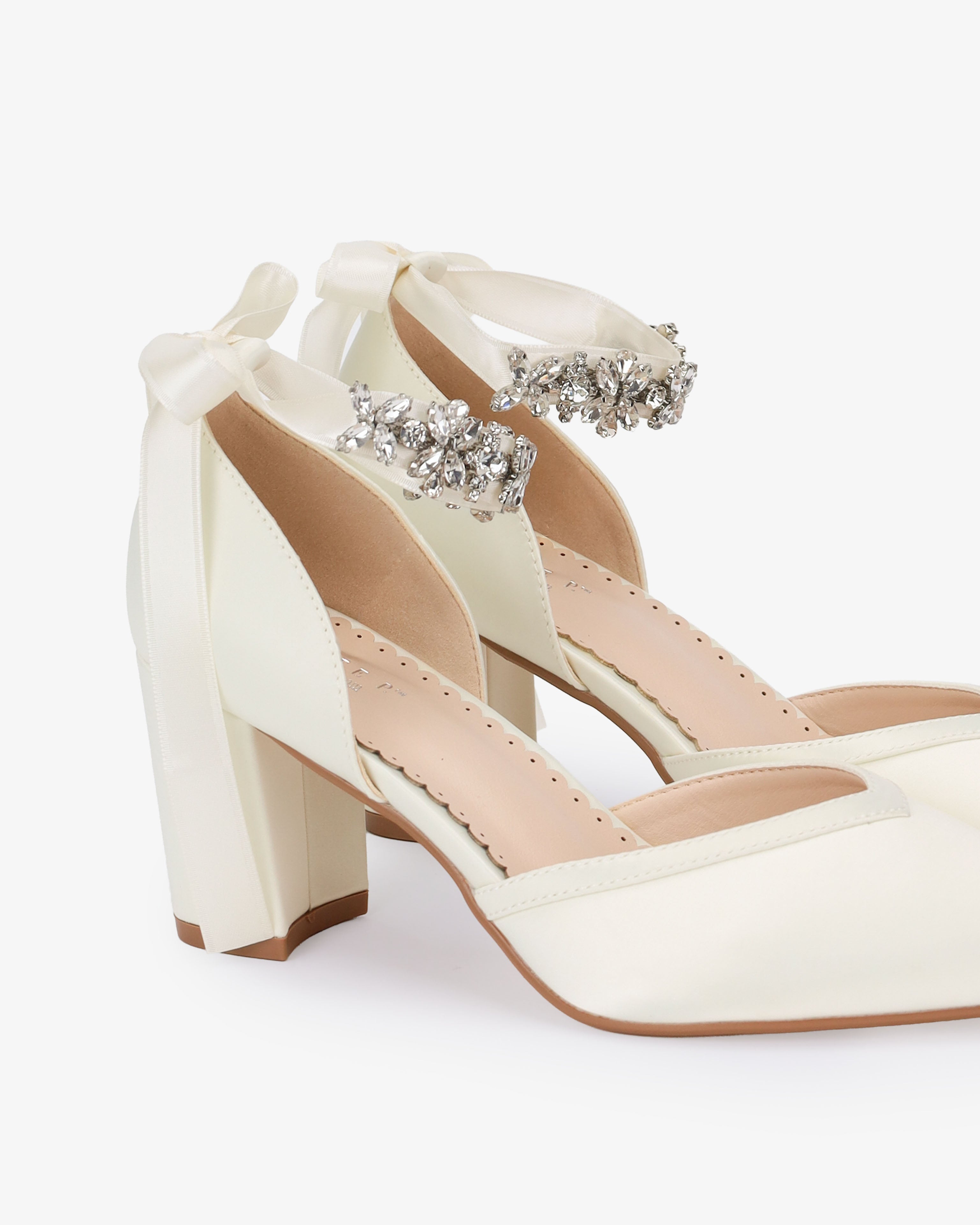 Satin Block Heels Wedding Shoes with Floral Rhinestones Ankle Strap