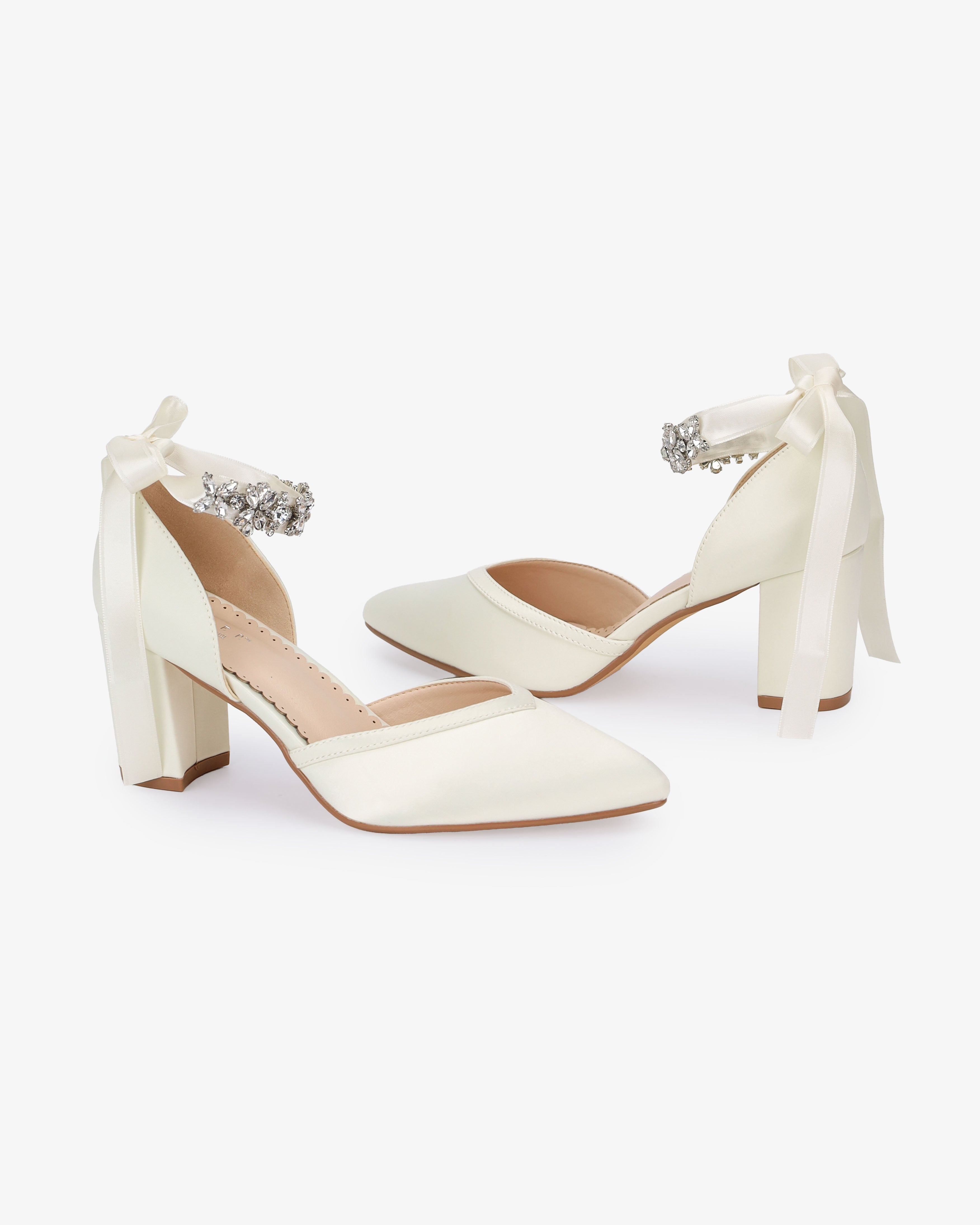 Satin Block Heels Wedding Shoes with Floral Rhinestones Ankle Strap