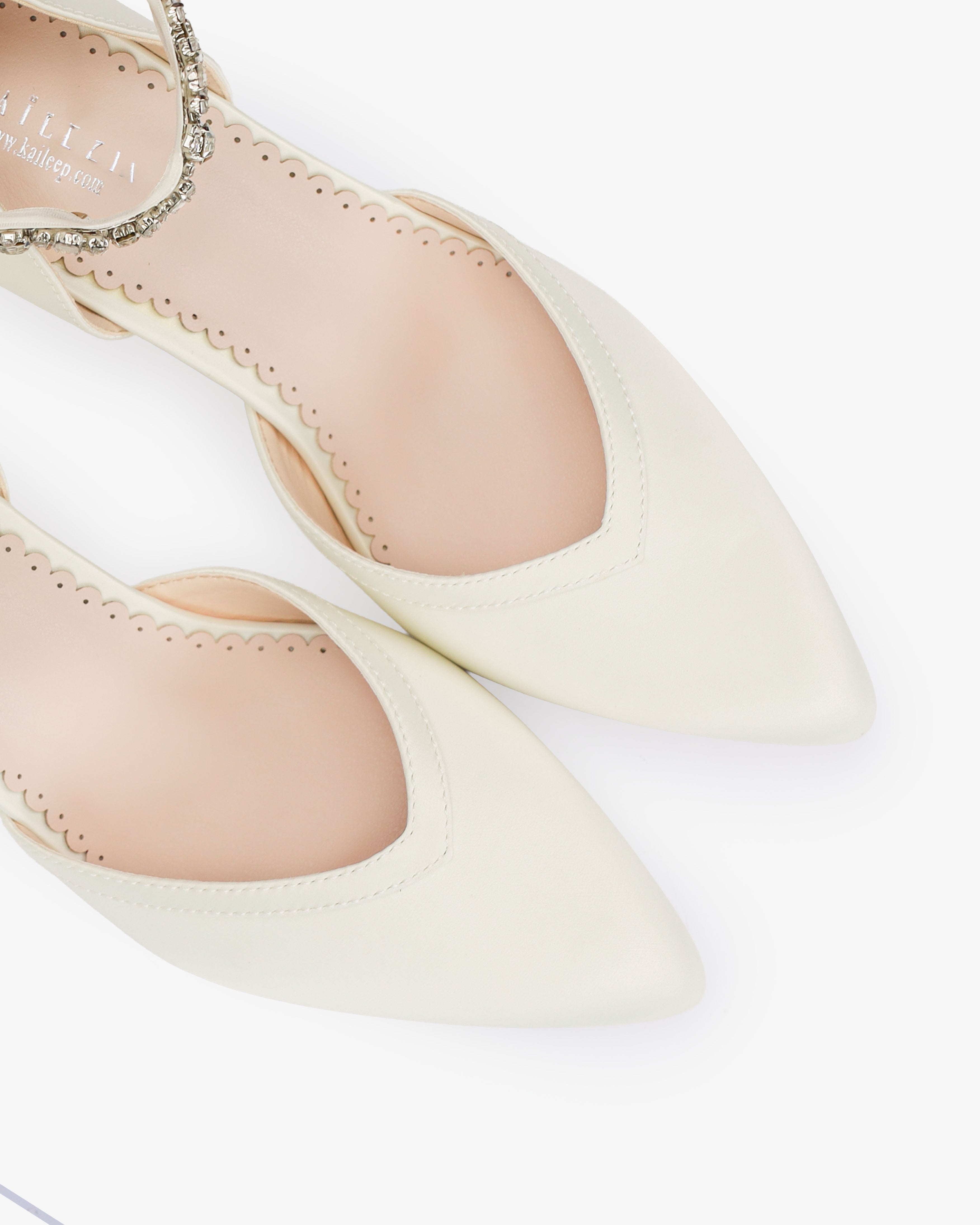 Satin Block Heels Wedding Shoes with Floral Rhinestones Ankle Strap