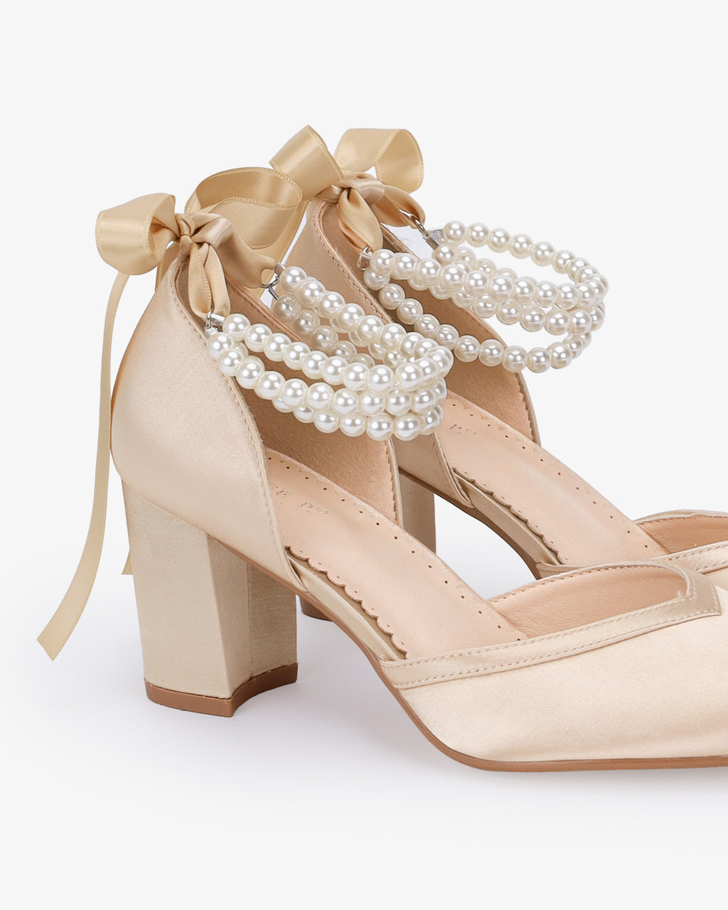 Satin Block Heels Evening Shoes with Trinity Pearls Wrap