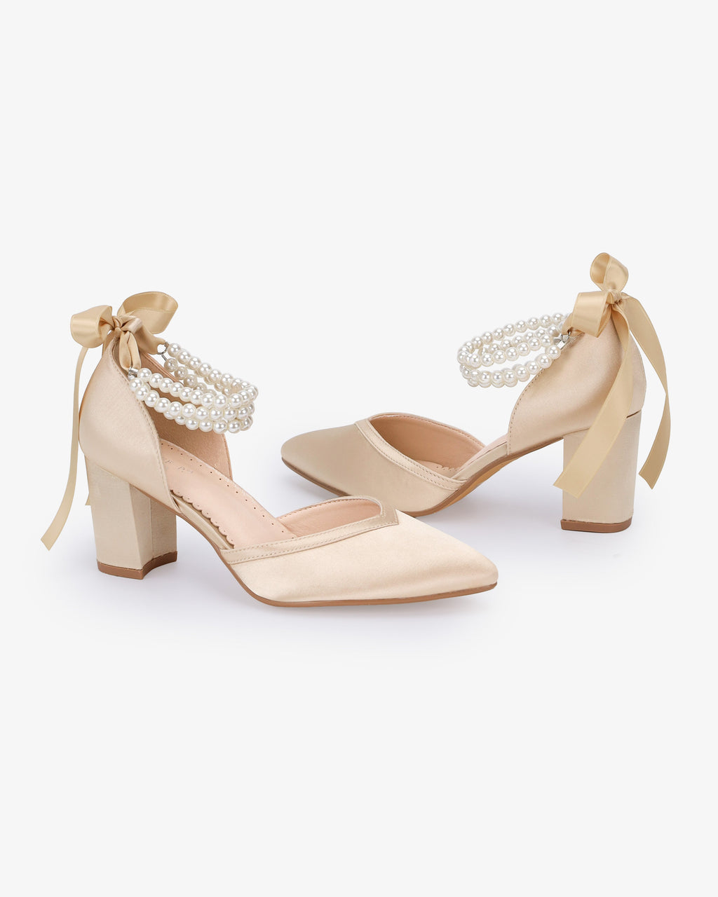 Satin Block Heels Evening Shoes with Trinity Pearls Wrap