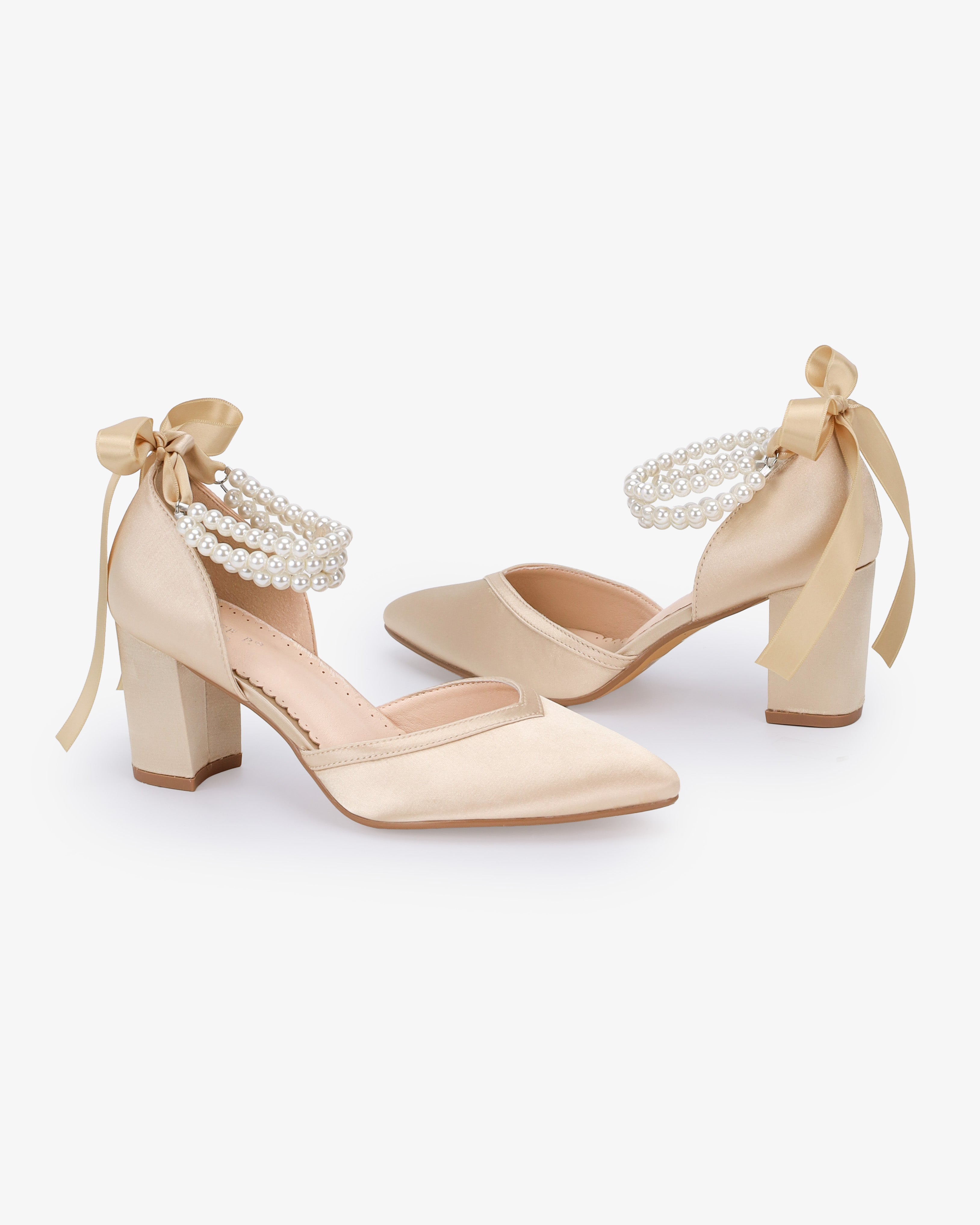 Satin Block Heels Evening Shoes with Trinity Pearls Wrap
