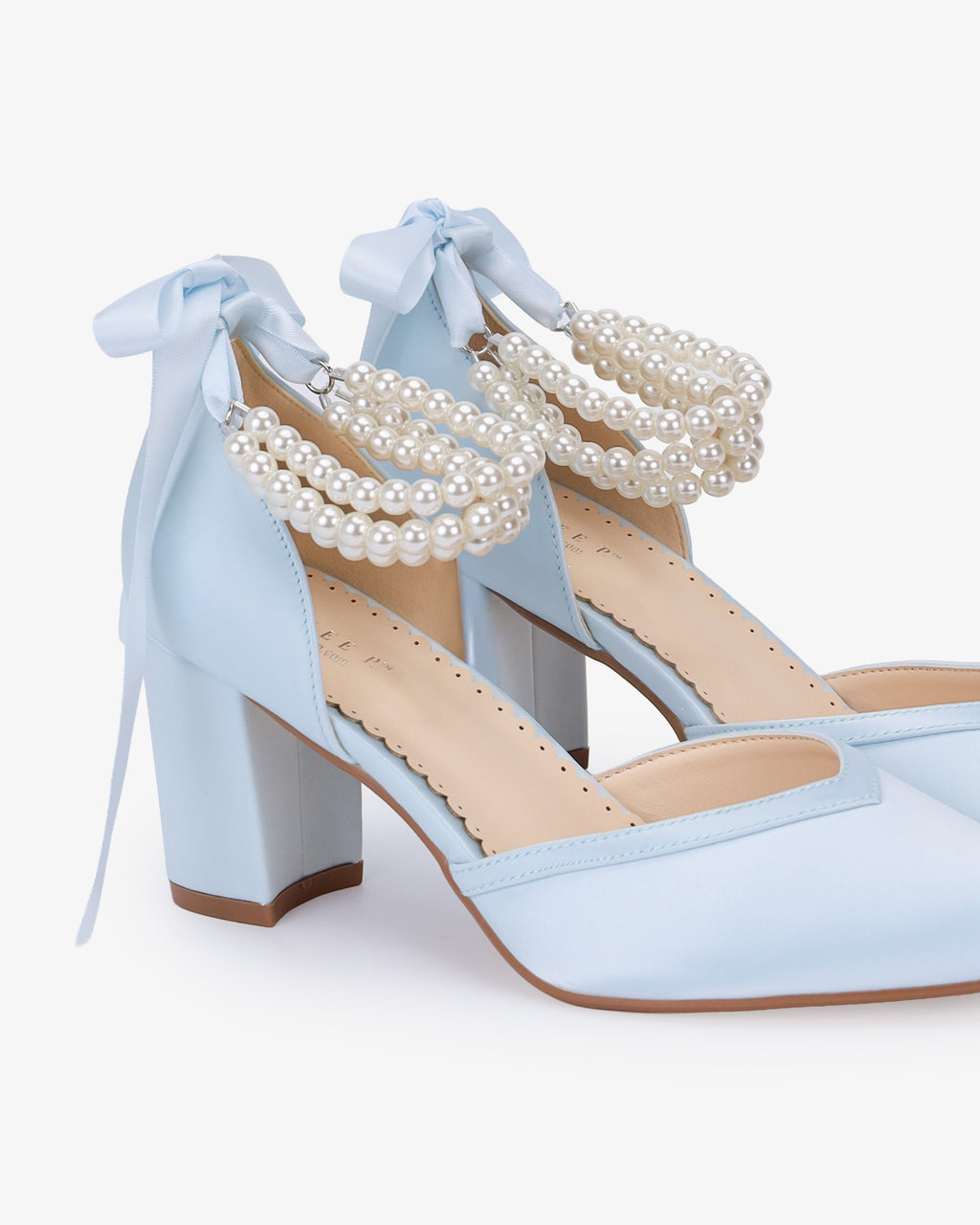 Satin Block Heels Wedding Shoes with Trinity Pearls Wrap