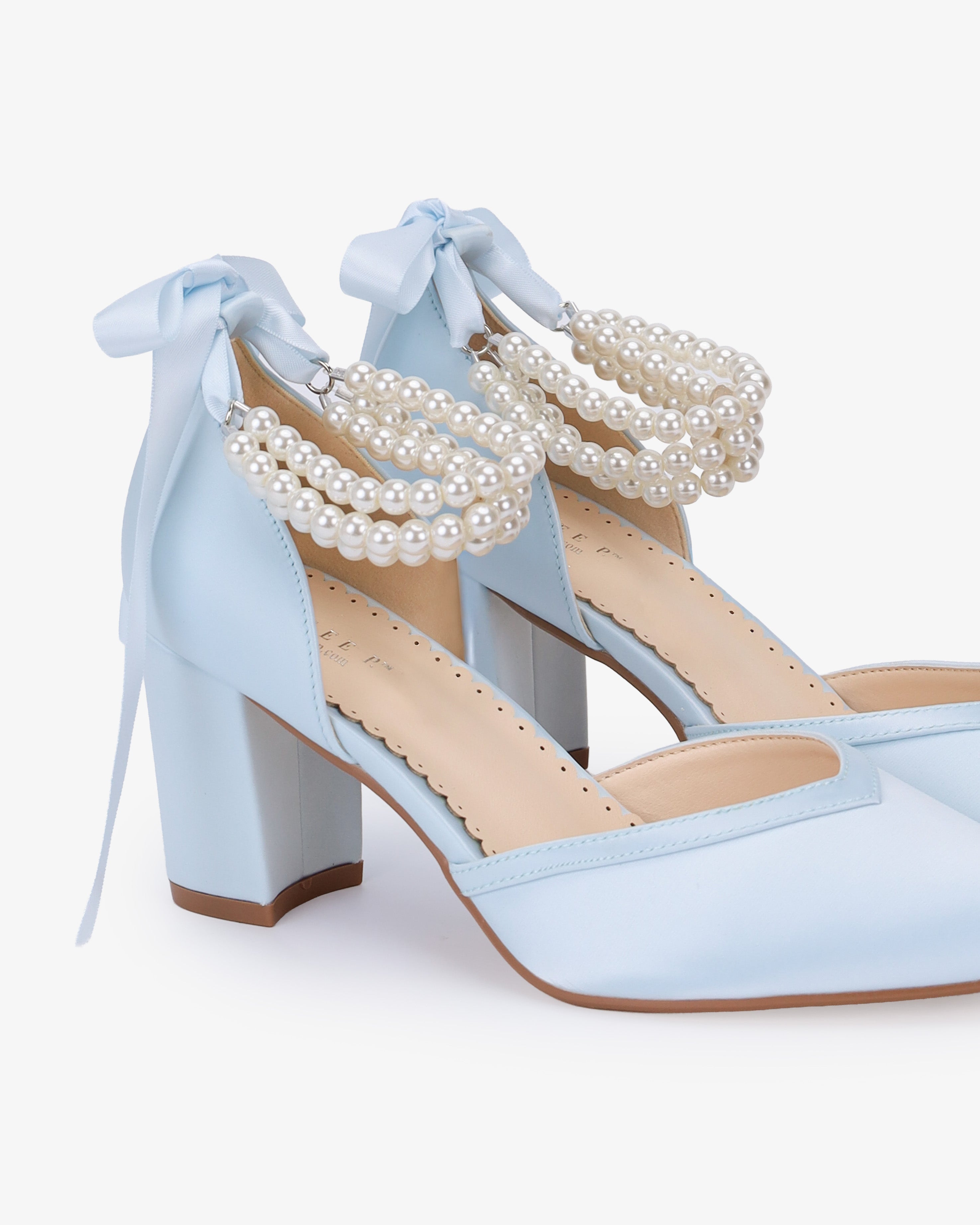 Satin Block Heels Wedding Shoes with Trinity Pearls Wrap