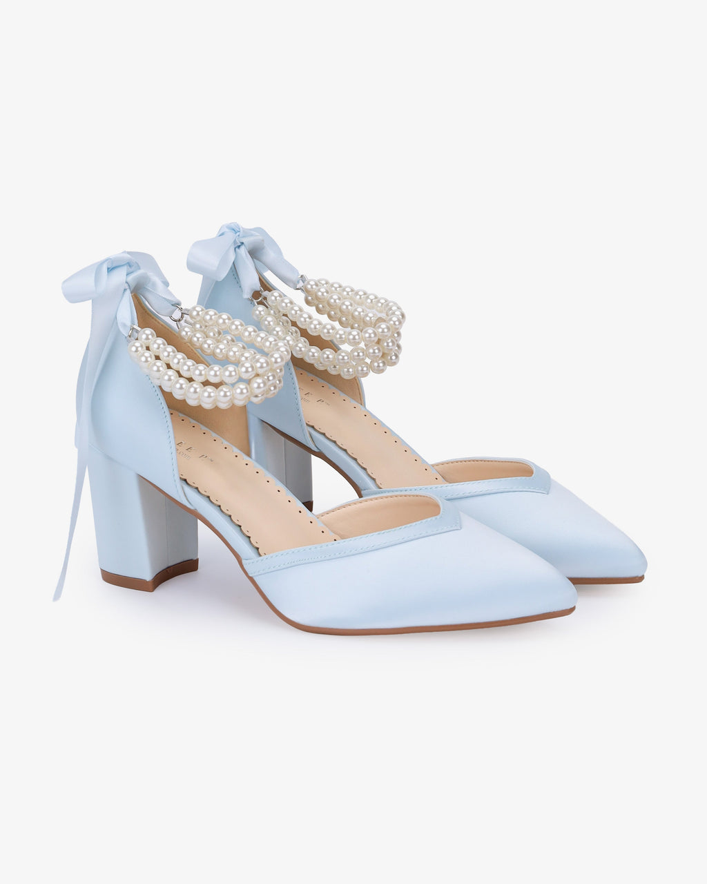 Satin Block Heels Wedding Shoes with Trinity Pearls Wrap