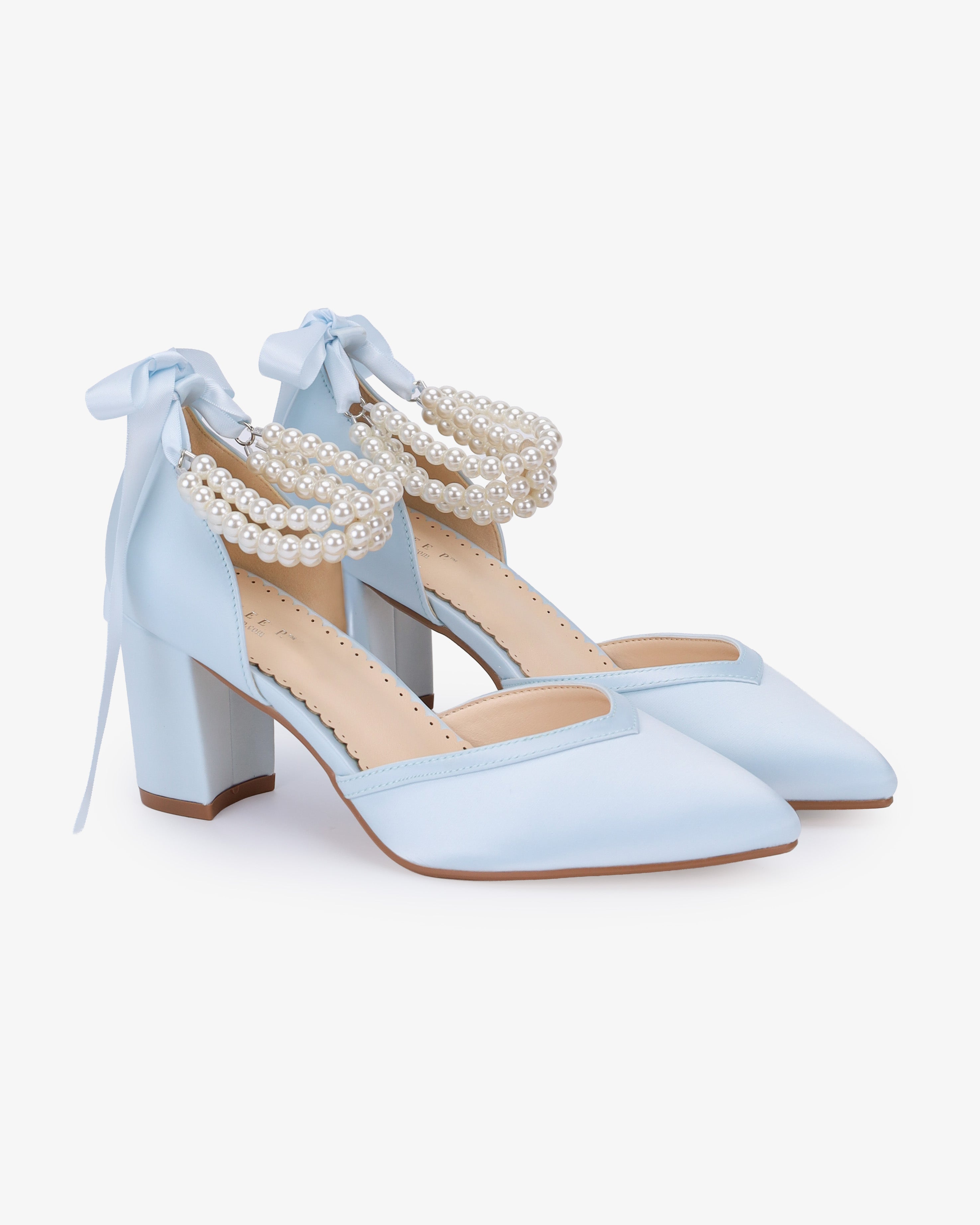 Satin Block Heels Wedding Shoes with Trinity Pearls Wrap