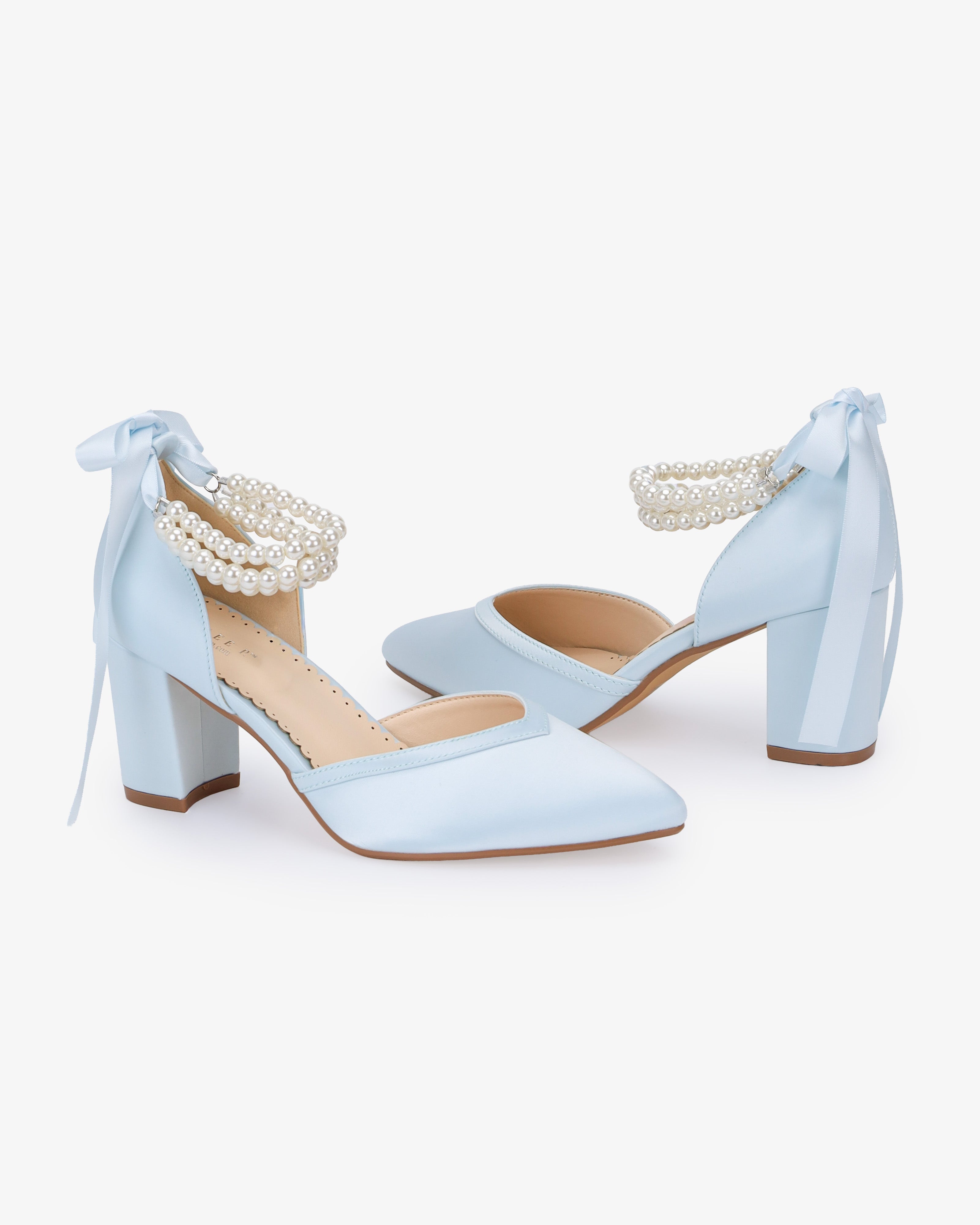Satin Block Heels Wedding Shoes with Trinity Pearls Wrap