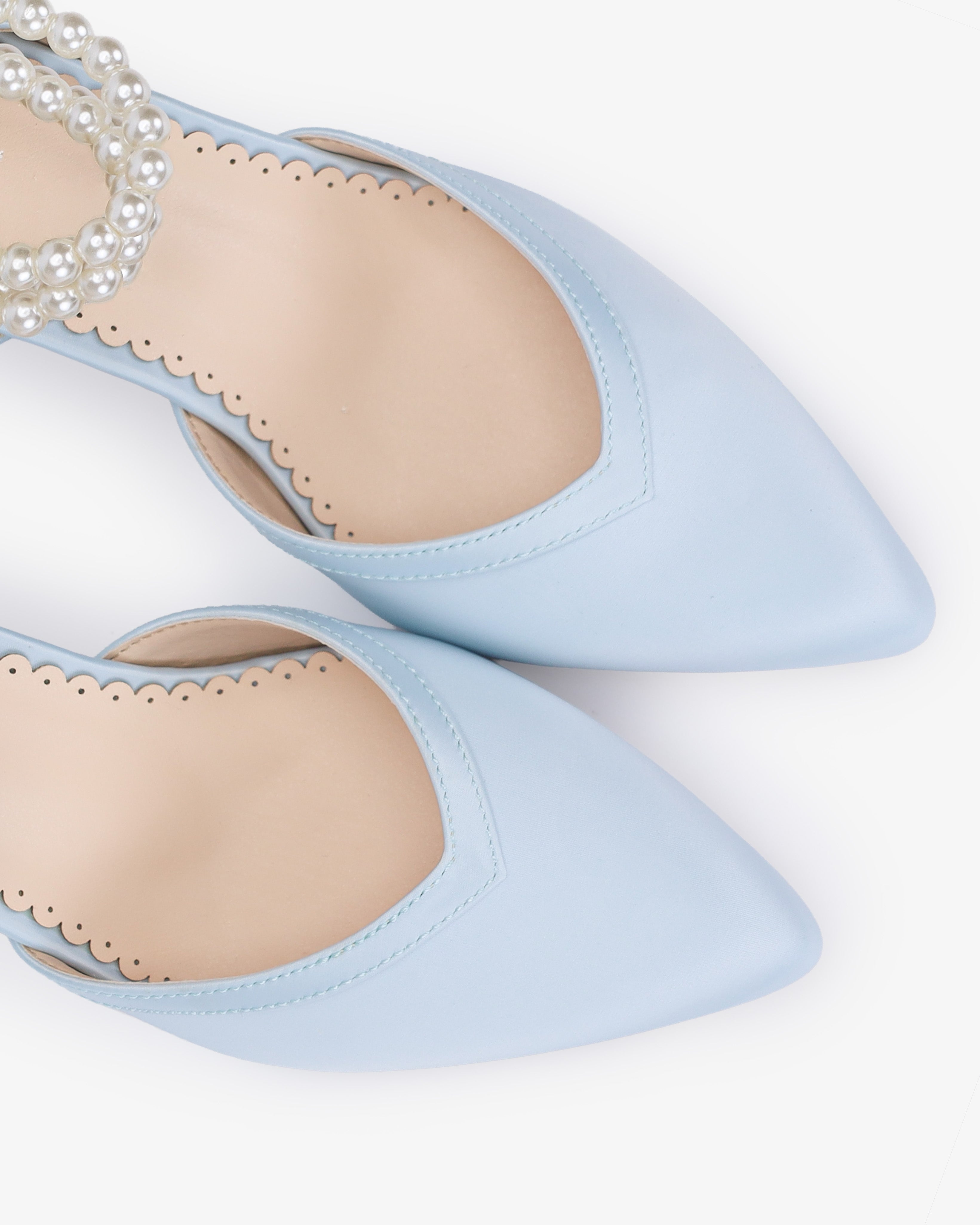 Satin Block Heels Wedding Shoes with Trinity Pearls Wrap