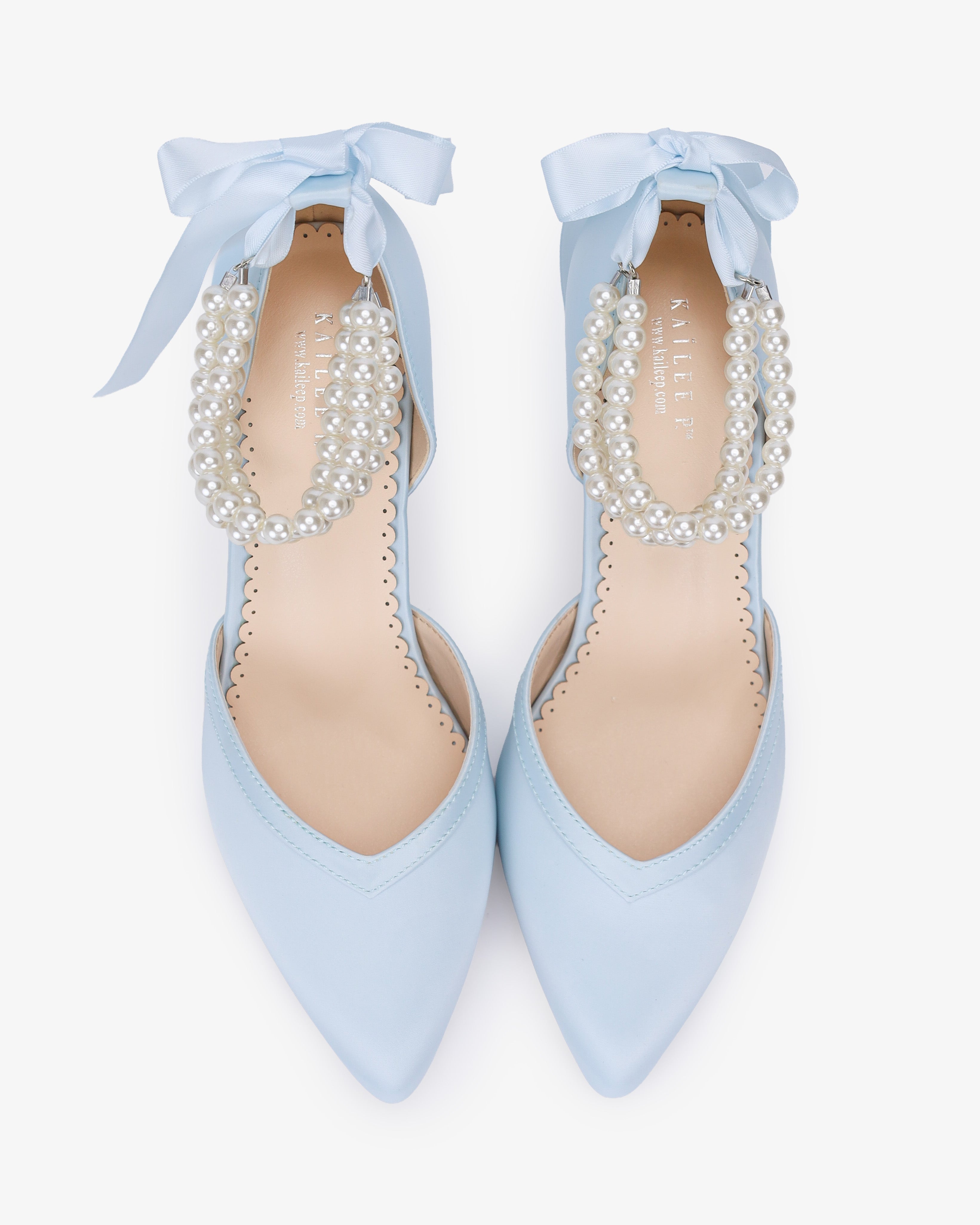 Satin Block Heels Wedding Shoes with Trinity Pearls Wrap