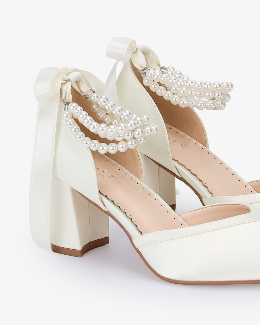 Satin Block Heels Wedding Shoes with Trinity Pearls Wrap