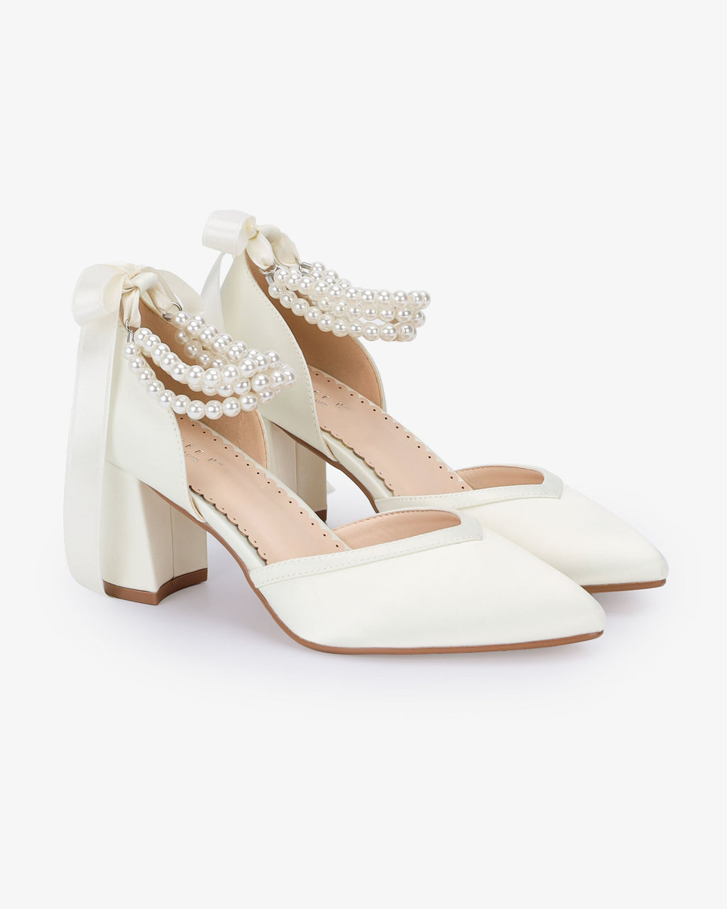 Satin Block Heels Wedding Shoes with Trinity Pearls Wrap