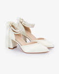 Satin Block Heels Wedding Shoes with Trinity Pearls Wrap