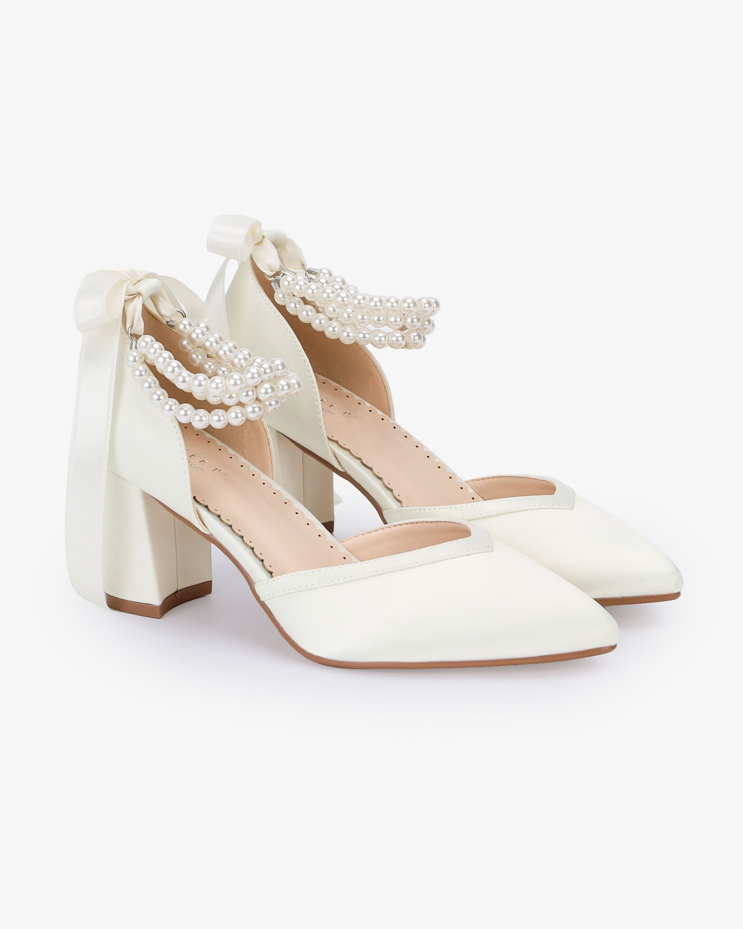 Satin Block Heels Wedding Shoes with Trinity Pearls Wrap