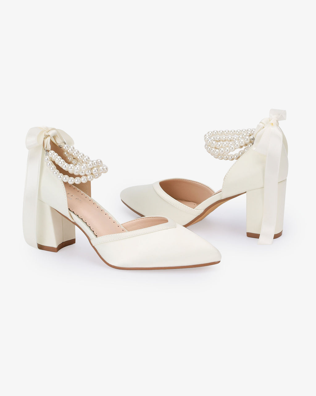 Satin Block Heels Wedding Shoes with Trinity Pearls Wrap