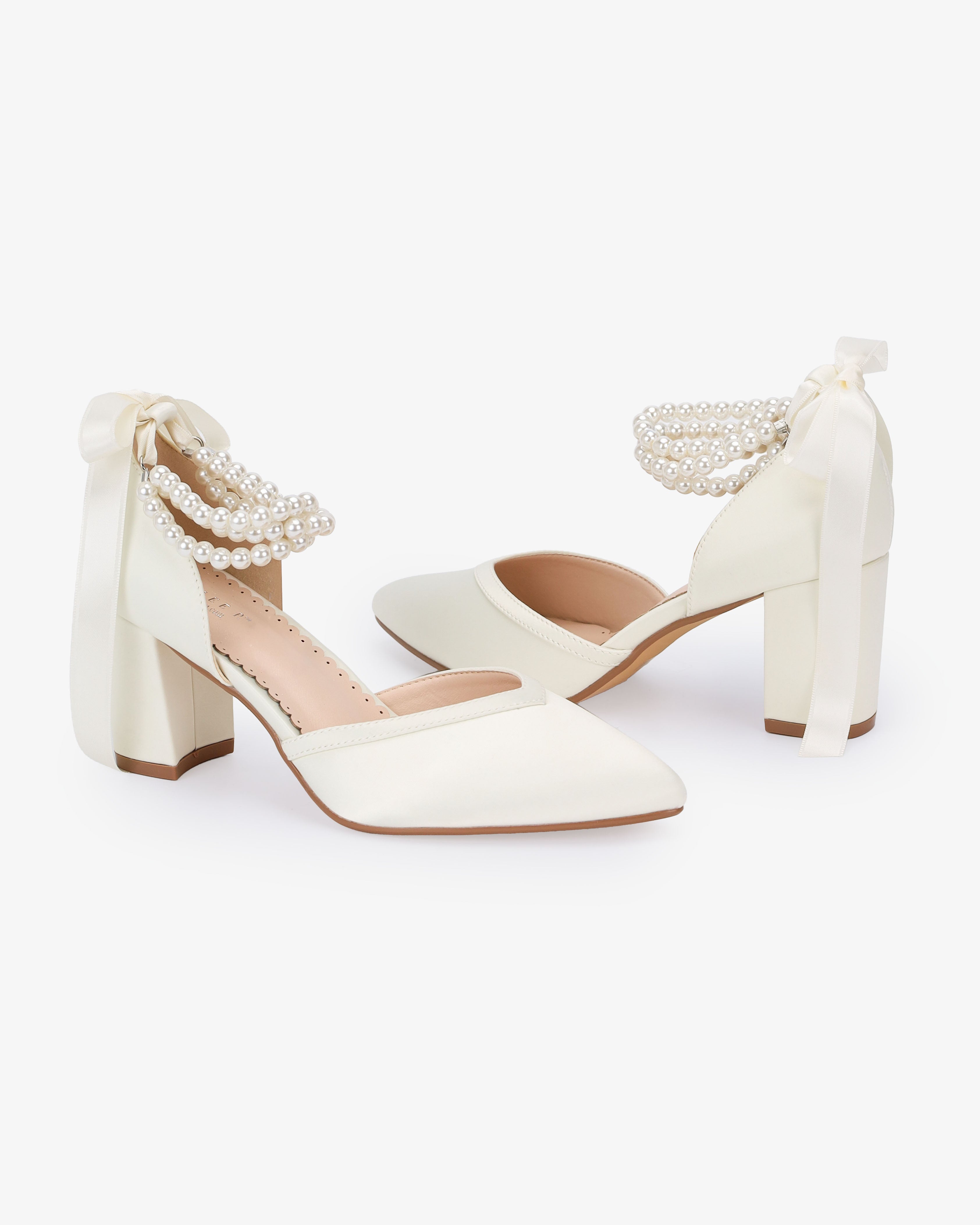 Satin Block Heels Wedding Shoes with Trinity Pearls Wrap