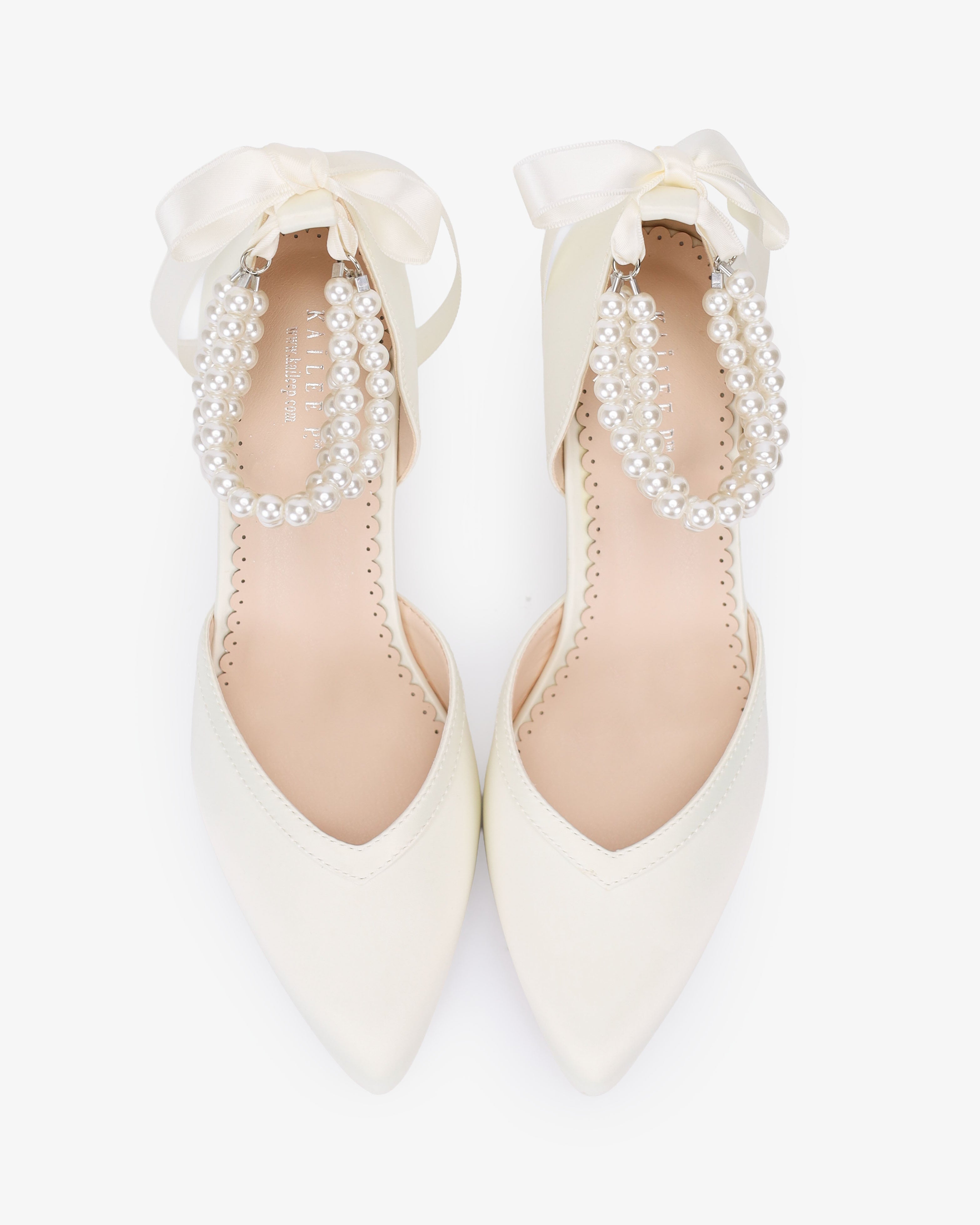 Satin Block Heels Wedding Shoes with Trinity Pearls Wrap
