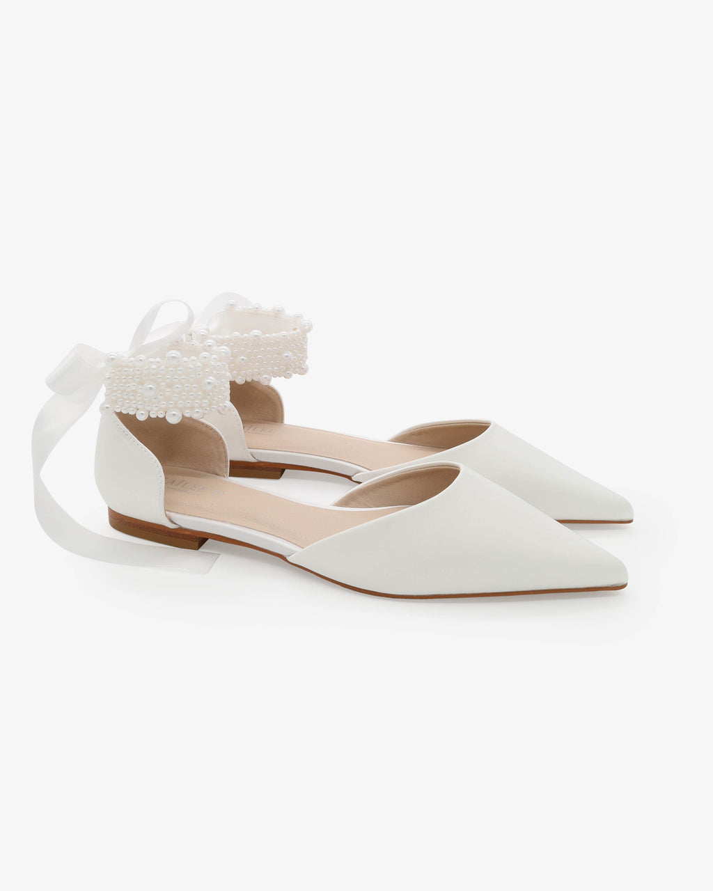 Satin Pointy Toe Wedding Flats with Perla Ankle Strap