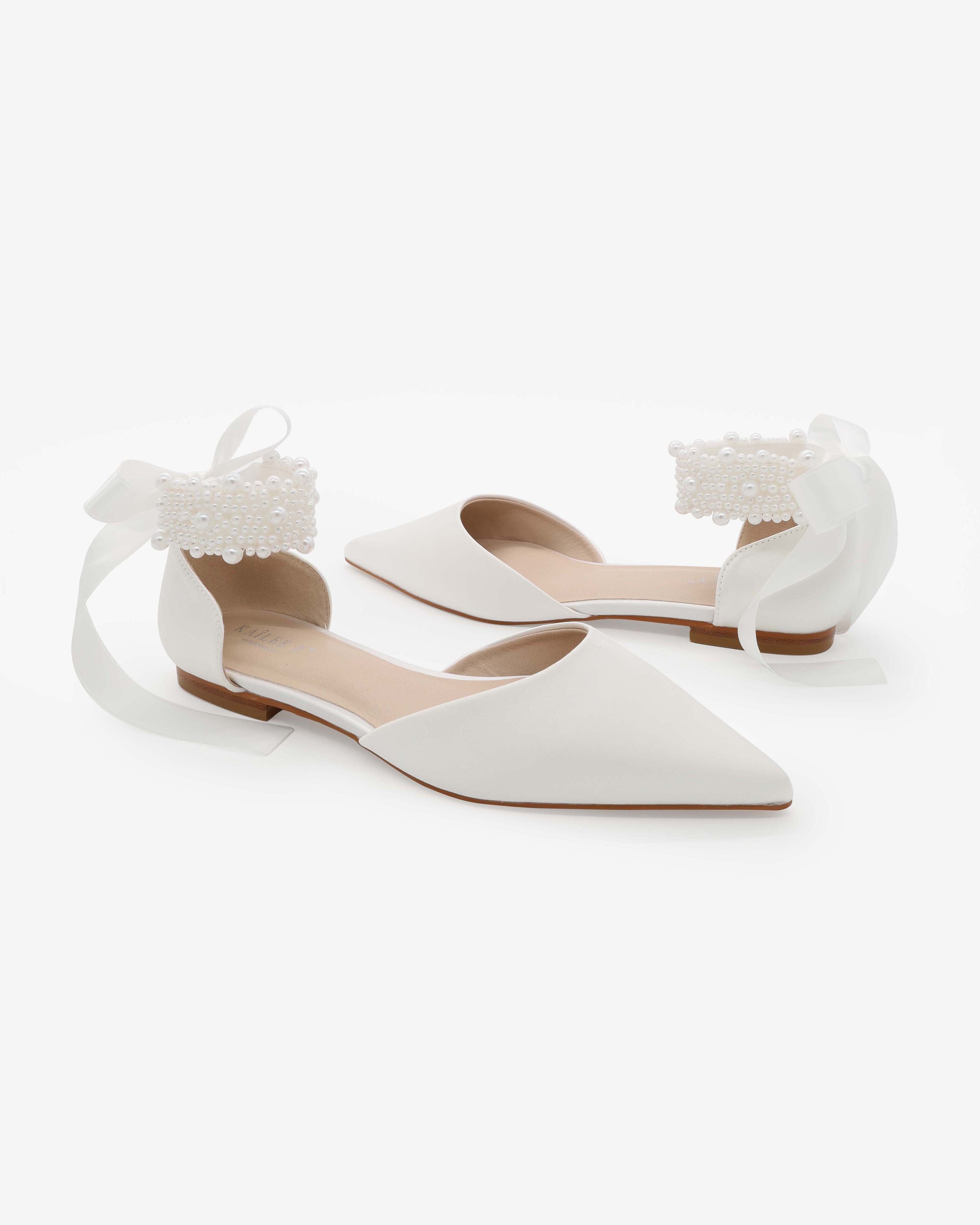 Satin Pointy Toe Wedding Flats with Perla Ankle Strap
