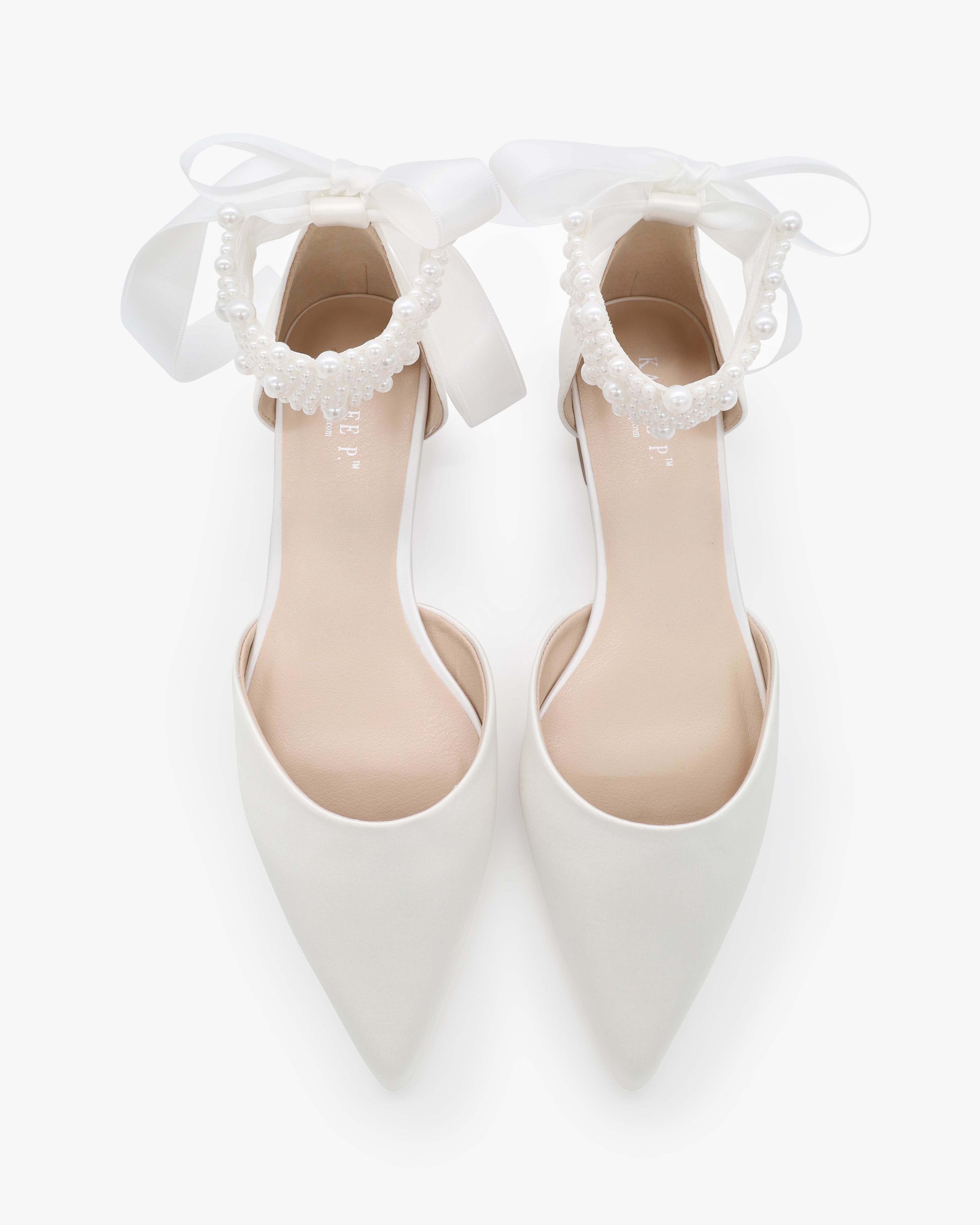 Satin Pointy Toe Wedding Flats with Perla Ankle Strap