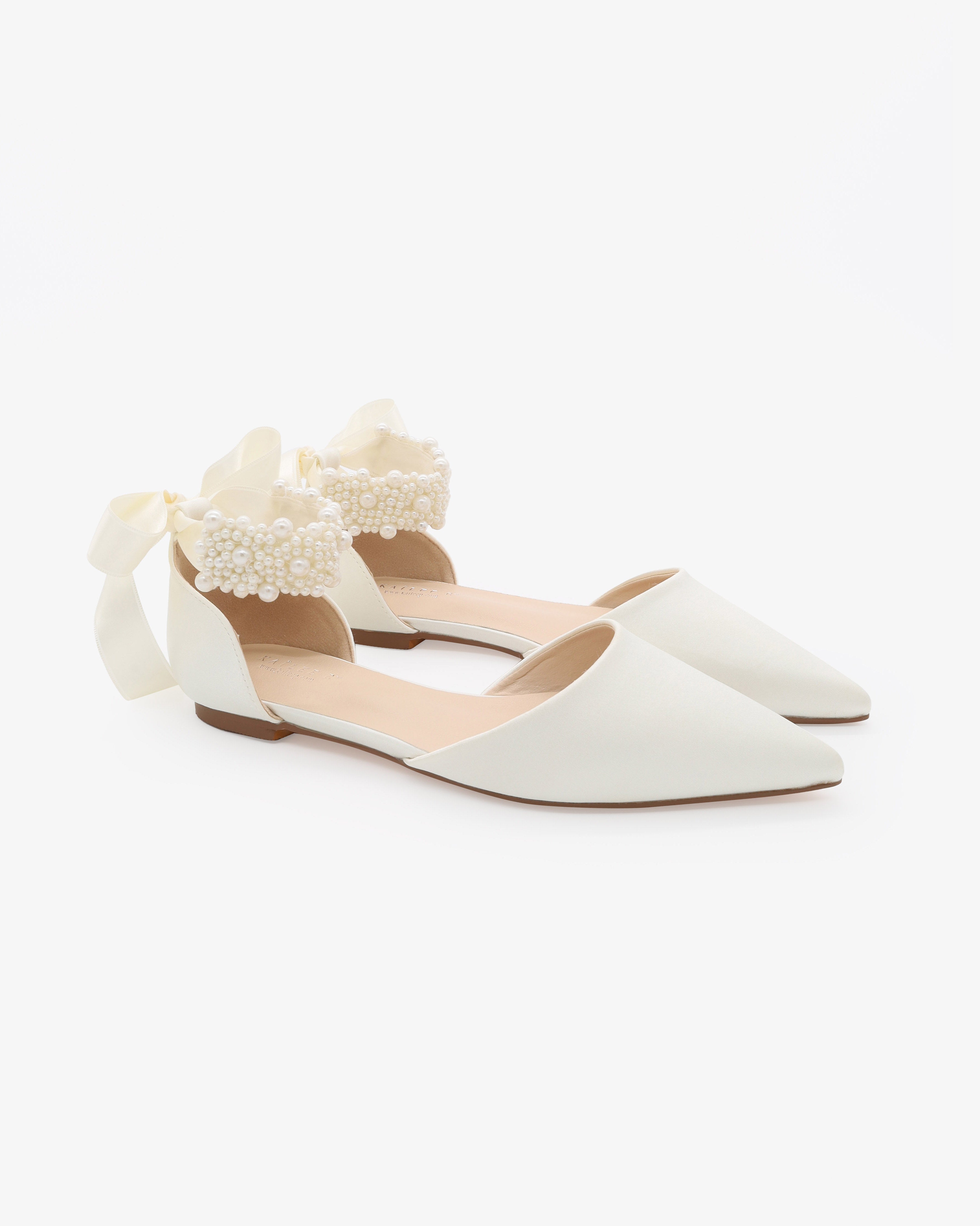Satin Pointy Toe Wedding Flats with Perla Ankle Strap