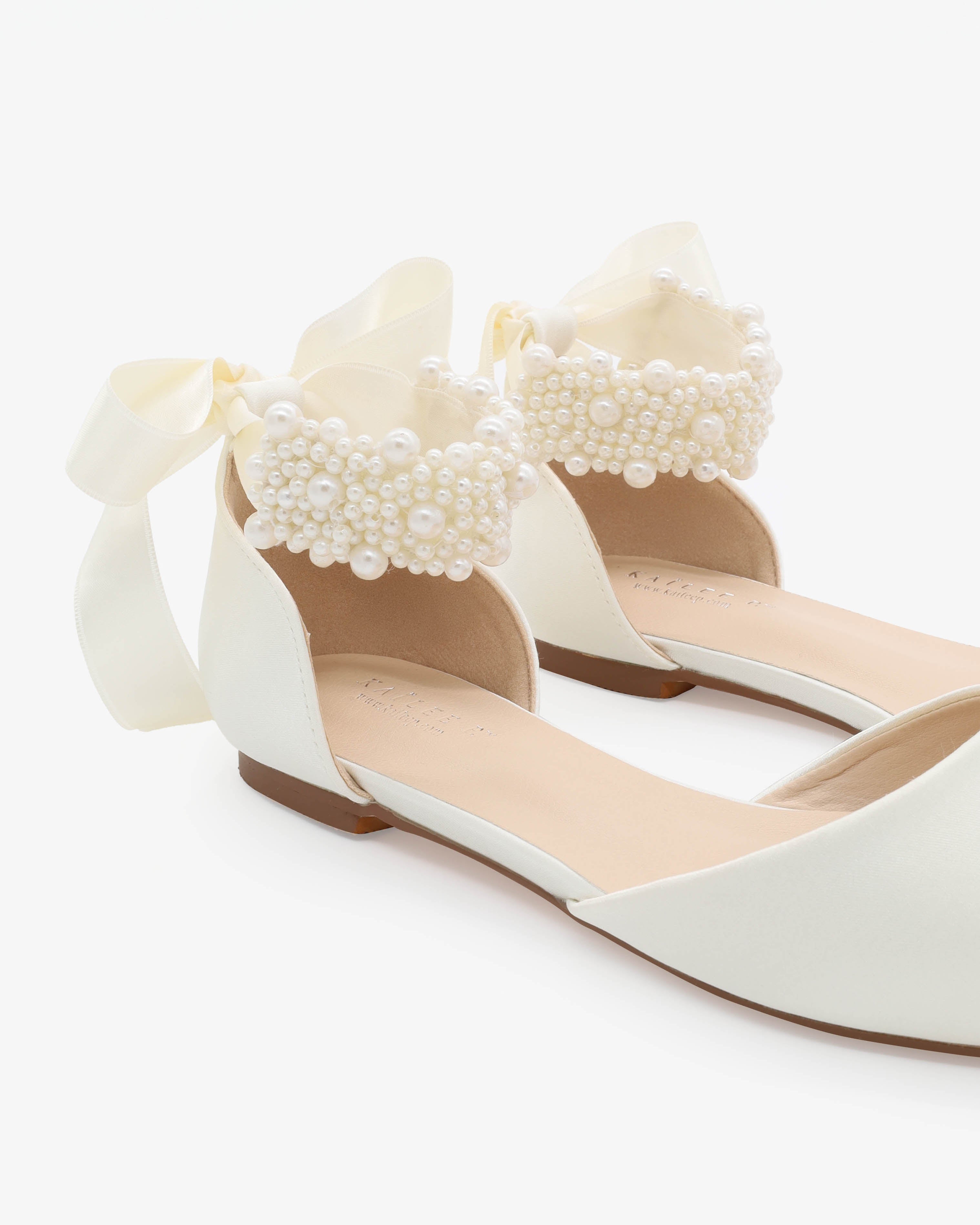 Satin Pointy Toe Wedding Flats with Perla Ankle Strap