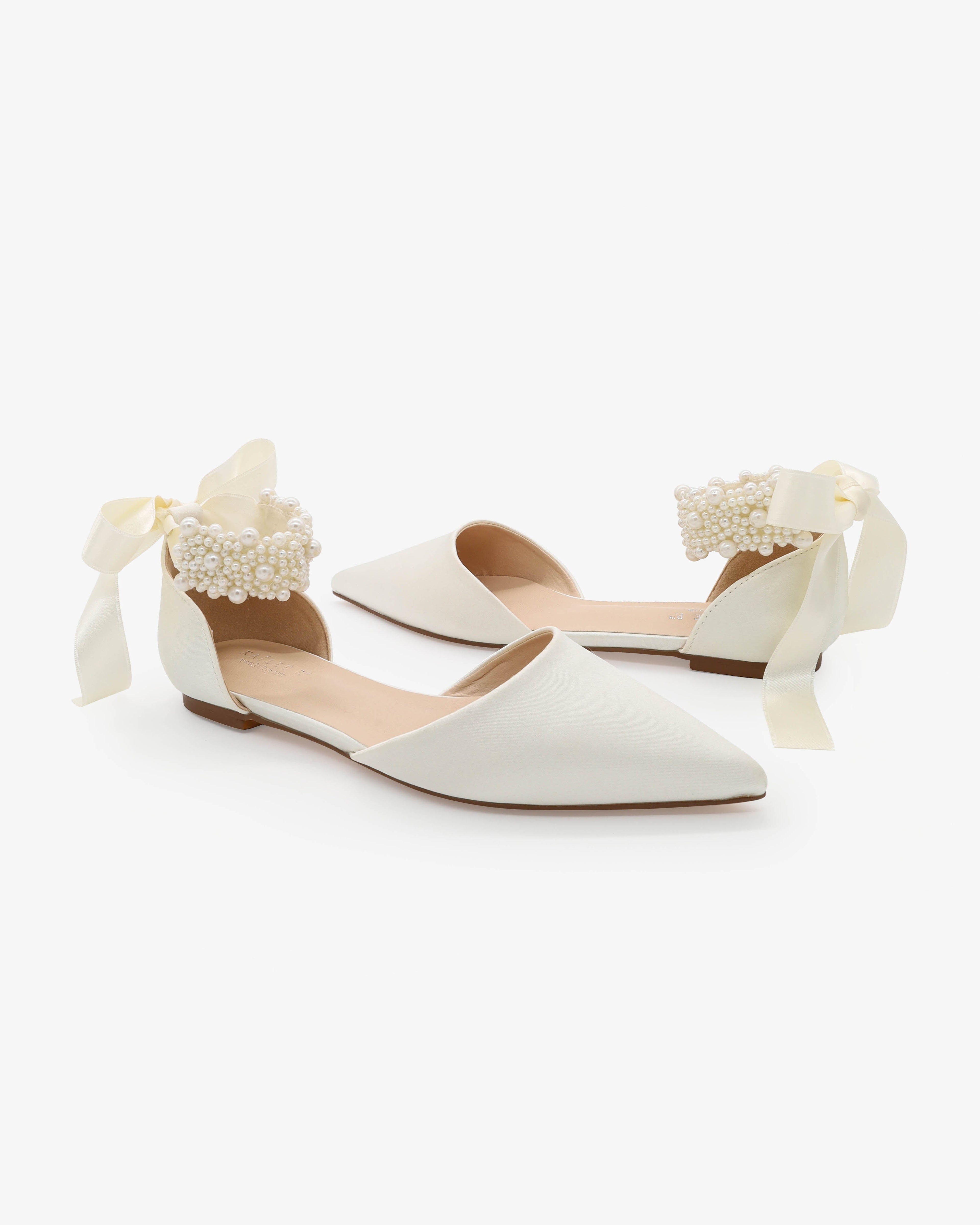 Satin Pointy Toe Wedding Flats with Perla Ankle Strap