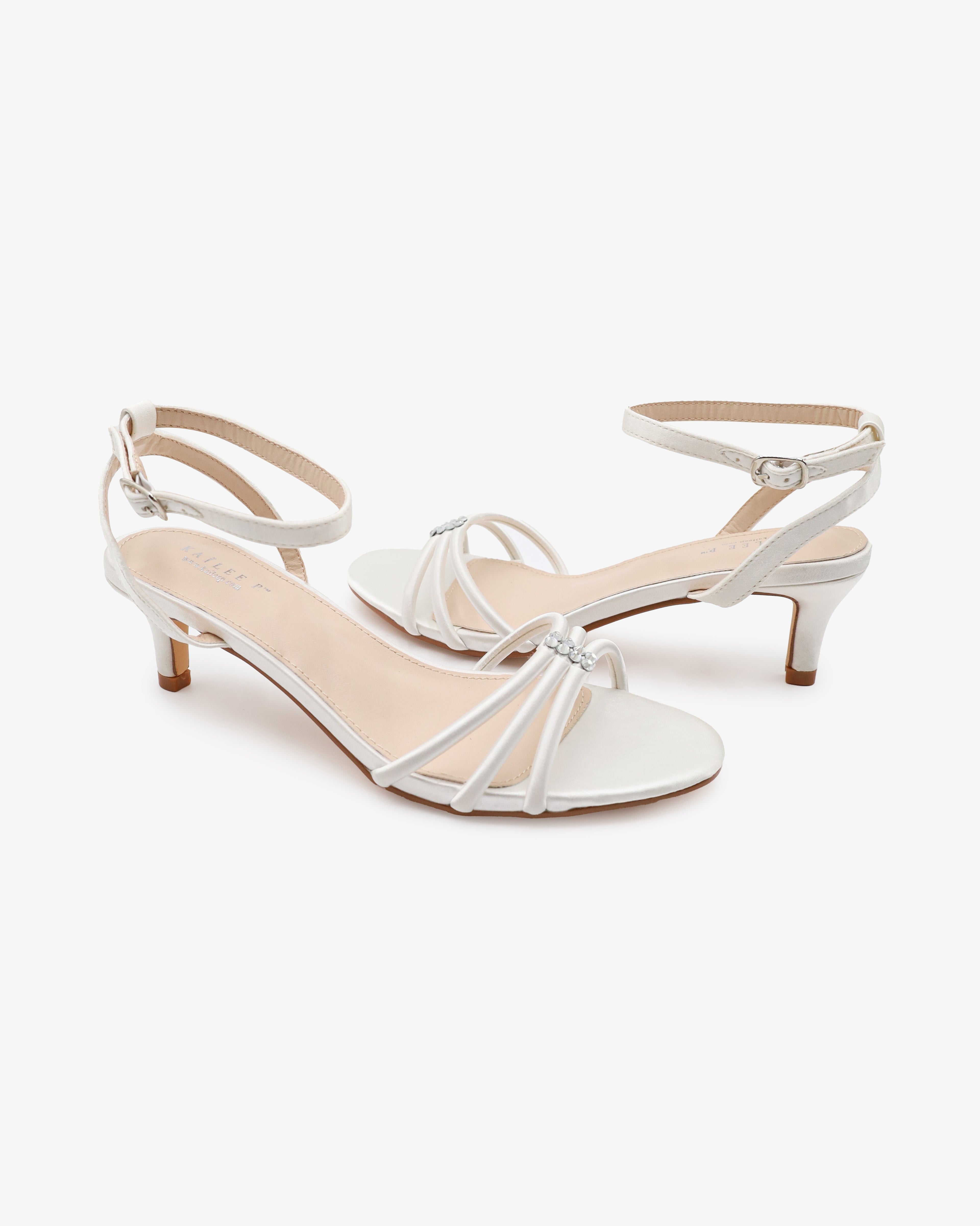 Satin Strappy Kitten Heel Wedding Sandals with Rhinestones