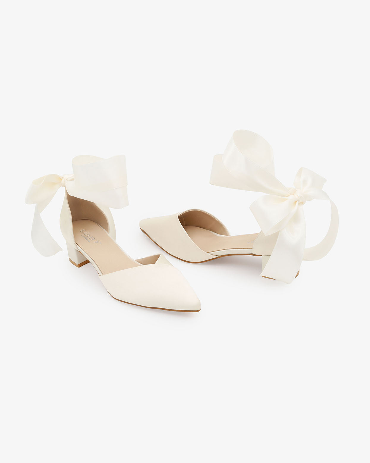 Satin Pointy Toe Low Block Heels Wedding Shoes with Wrapped Ribbon Tie