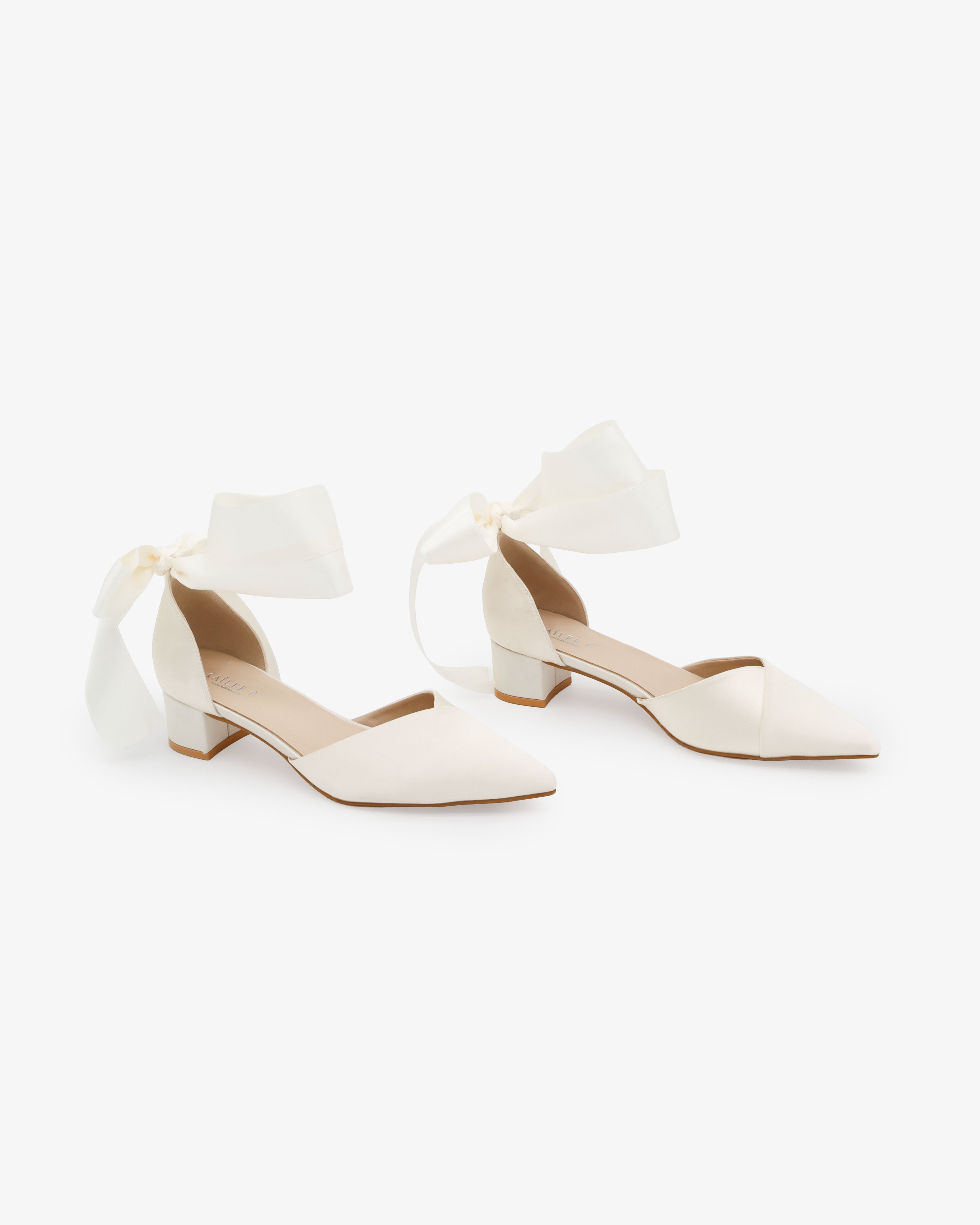 Satin Pointy Toe Low Block Heels Wedding Shoes with Wrapped Ribbon Tie