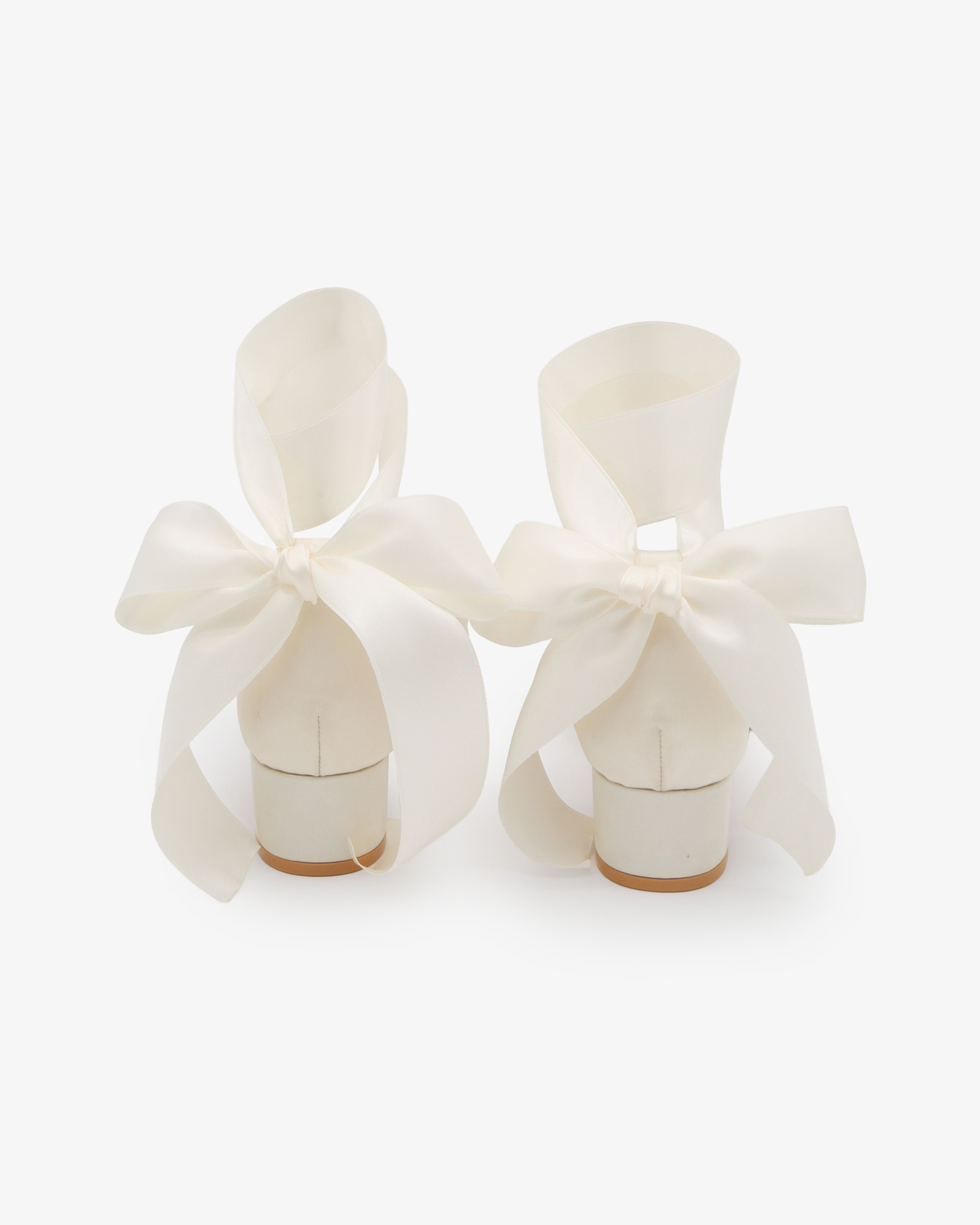 Satin Pointy Toe Low Block Heels Wedding Shoes with Wrapped Ribbon Tie