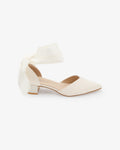 Satin Pointy Toe Low Block Heels Wedding Shoes with Wrapped Ribbon Tie