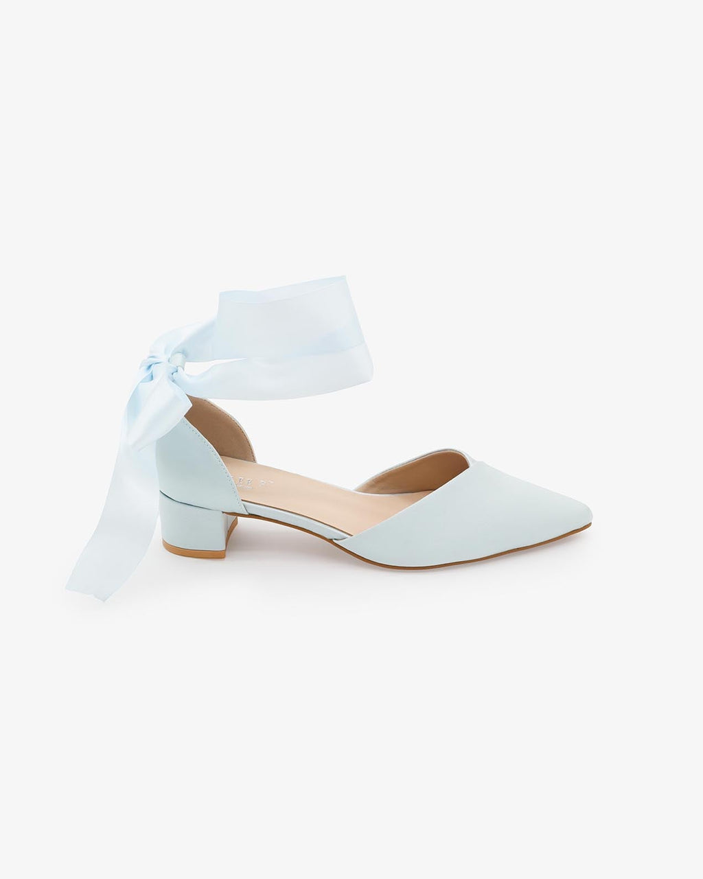 Satin Pointy Toe Low Block Heels Wedding Shoes with Wrapped Ribbon Tie