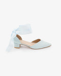 Satin Pointy Toe Low Block Heels Wedding Shoes with Wrapped Ribbon Tie