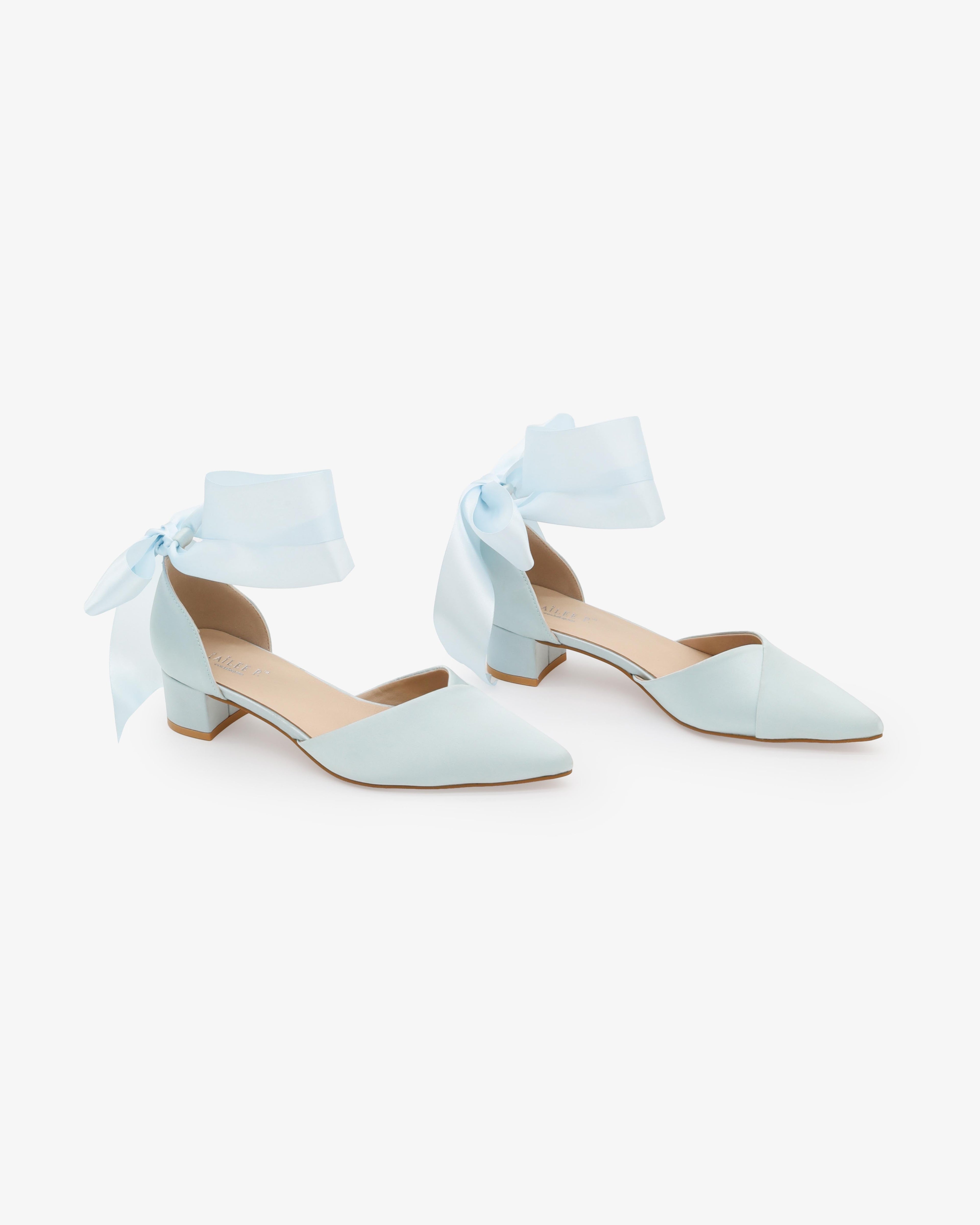Satin Pointy Toe Low Block Heels Wedding Shoes with Wrapped Ribbon Tie