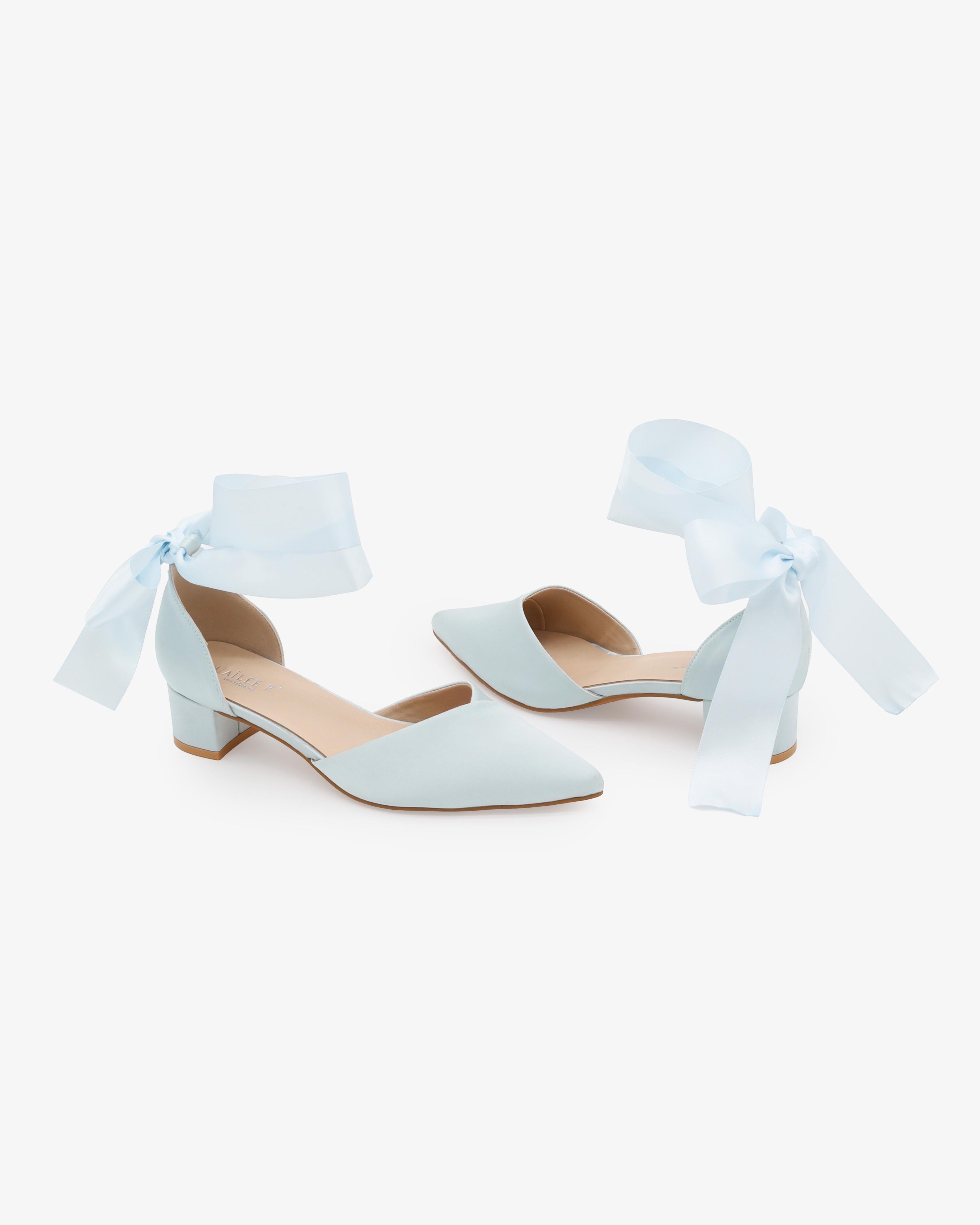 Satin Pointy Toe Low Block Heels Wedding Shoes with Wrapped Ribbon Tie